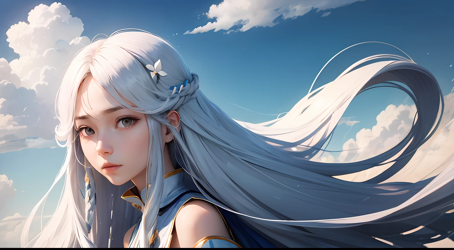 Kizi,long whitr hair,Delicate facial features,with blue sky and white clouds,flight,over-Tortoise Man