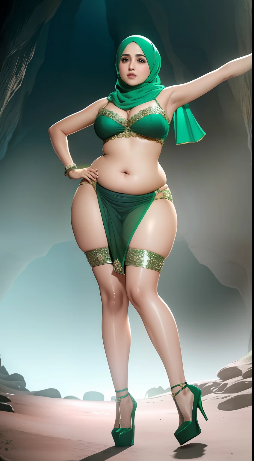 perfect face beautiful (muslim:1.5) doctor in lace bra and saree wlop perfect full HDR body exposed midriff highleg (flat chest) curvy indian (armpits:1.4) bellydancer 8k chubby high res knees ankles , (plump:1.2) , cleavage (shiny skin:1.2) (full body shot:1.5) (high heels:1.5) lace bra walking down a path thong(cave:1.4) (green theme:1.3)