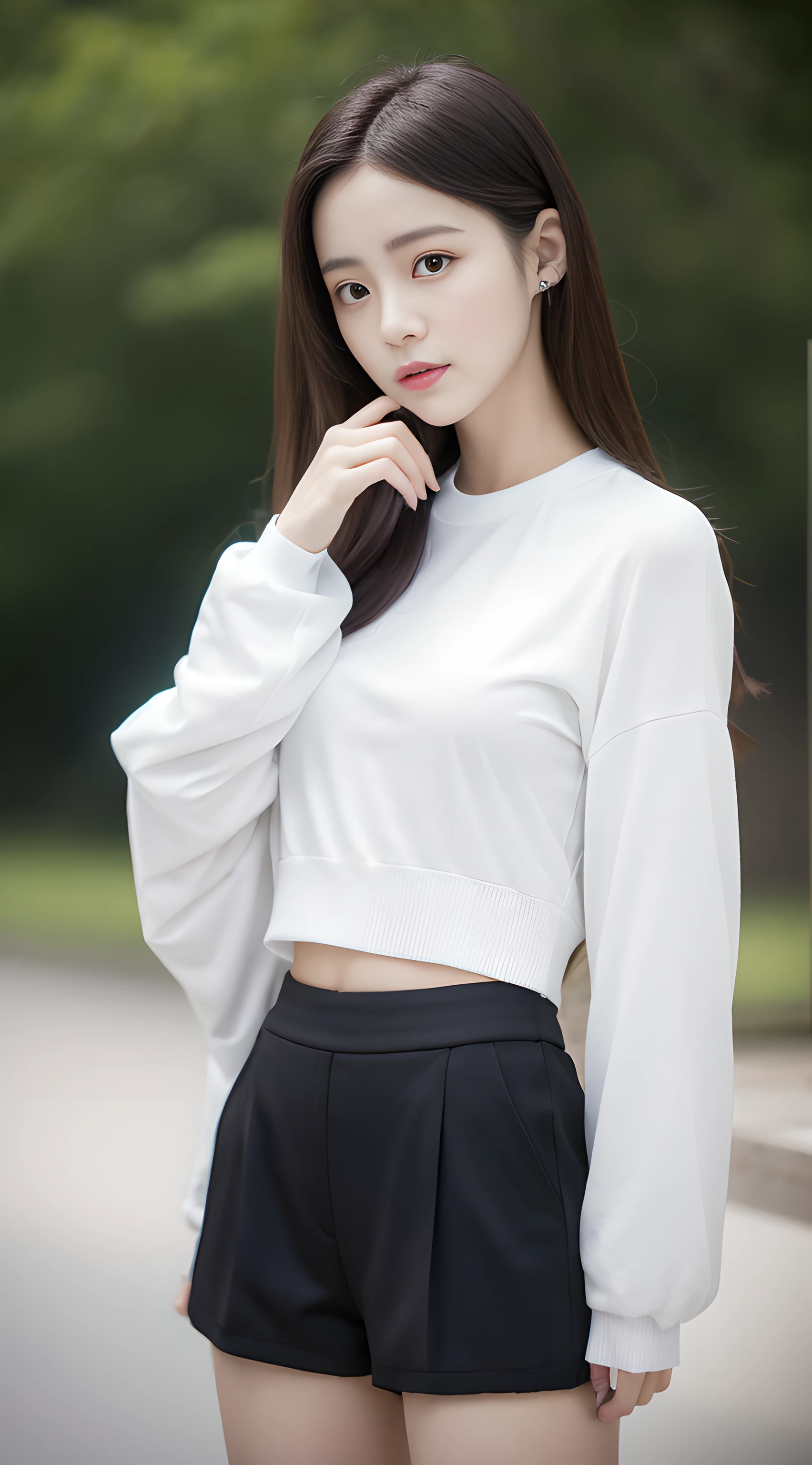 A woman wearing white skinny sports long sleeves and black skinny sports shorts poses for a photo,A photograph inspired by Ma Yuanyu,Tumblr,hentail realism,dilraba dilmurat,beautiful Korean women,Korean girls,cute korean actress,Beautiful Korean young woman,gorgeous korean young woman,Young and cute Korean face,Kim Young-hin,ruan jia beautiful!,Korean female fashion model