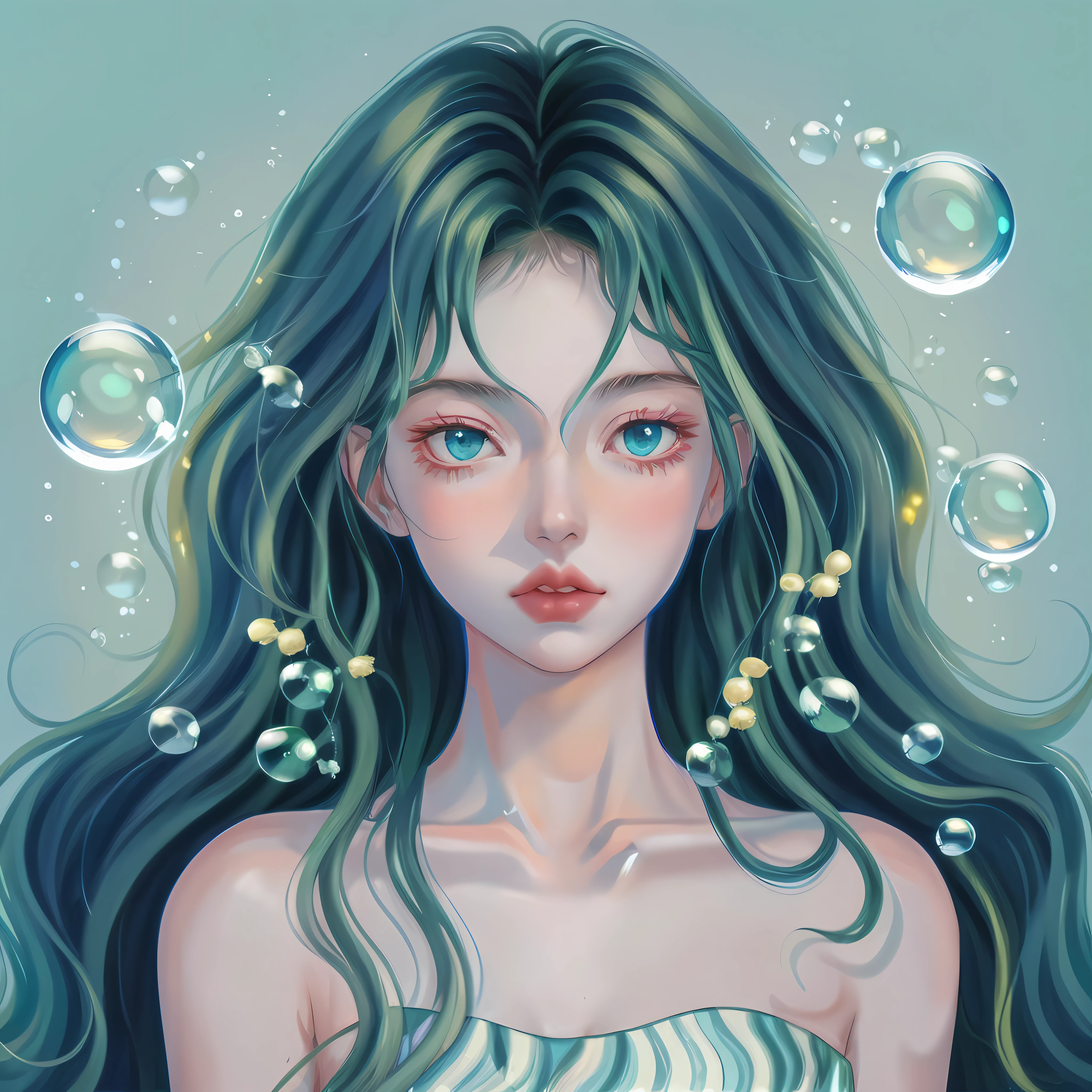 A painting of a woman with long hair and earrings in the water - SeaArt AI