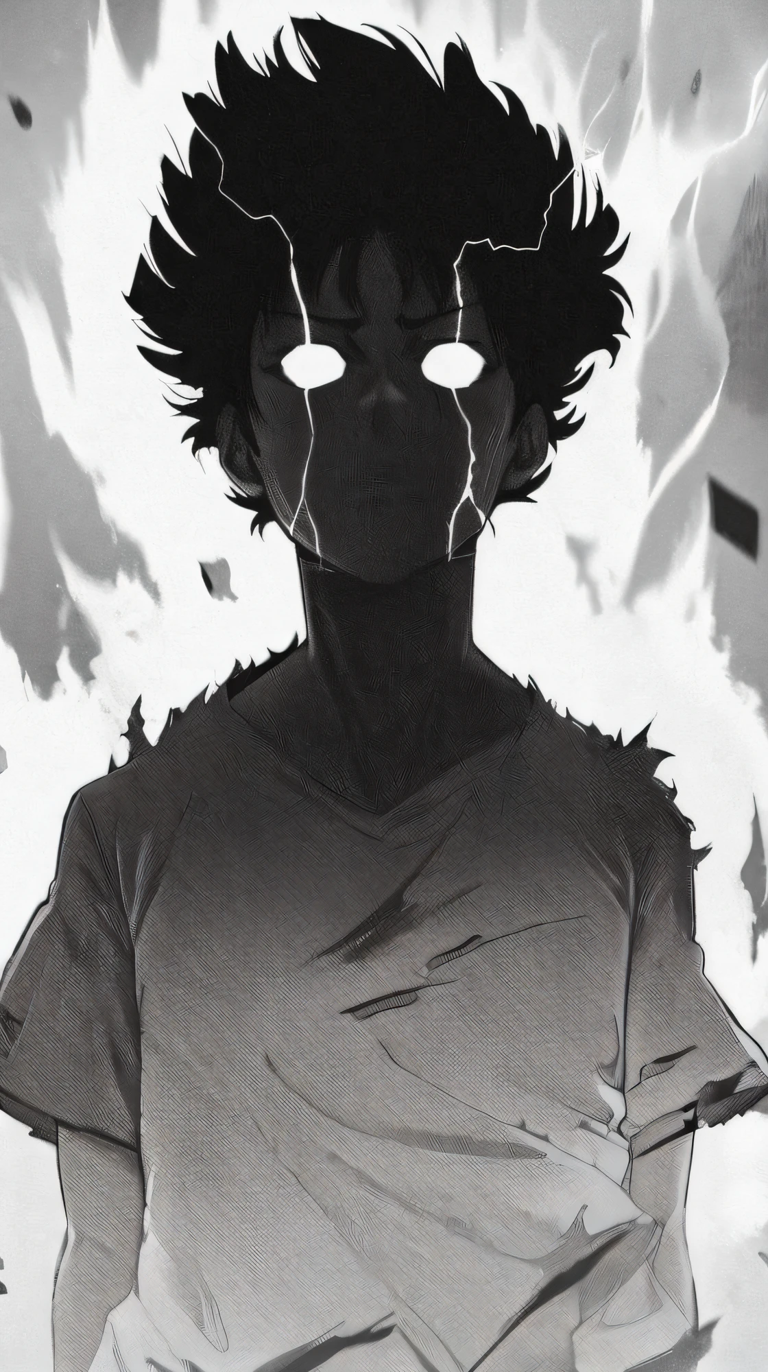 Anime character with black hair and a white shirt with a lightning effect, kentaro miura manga art style, afro samurai manga style, kentaro miura manga style, manga style of kentaro miura, Arte Oficial, por Shingei, Pin no anime, Mob Psicopata 100, punpun onodera |, Directed by: Kentaro Miura