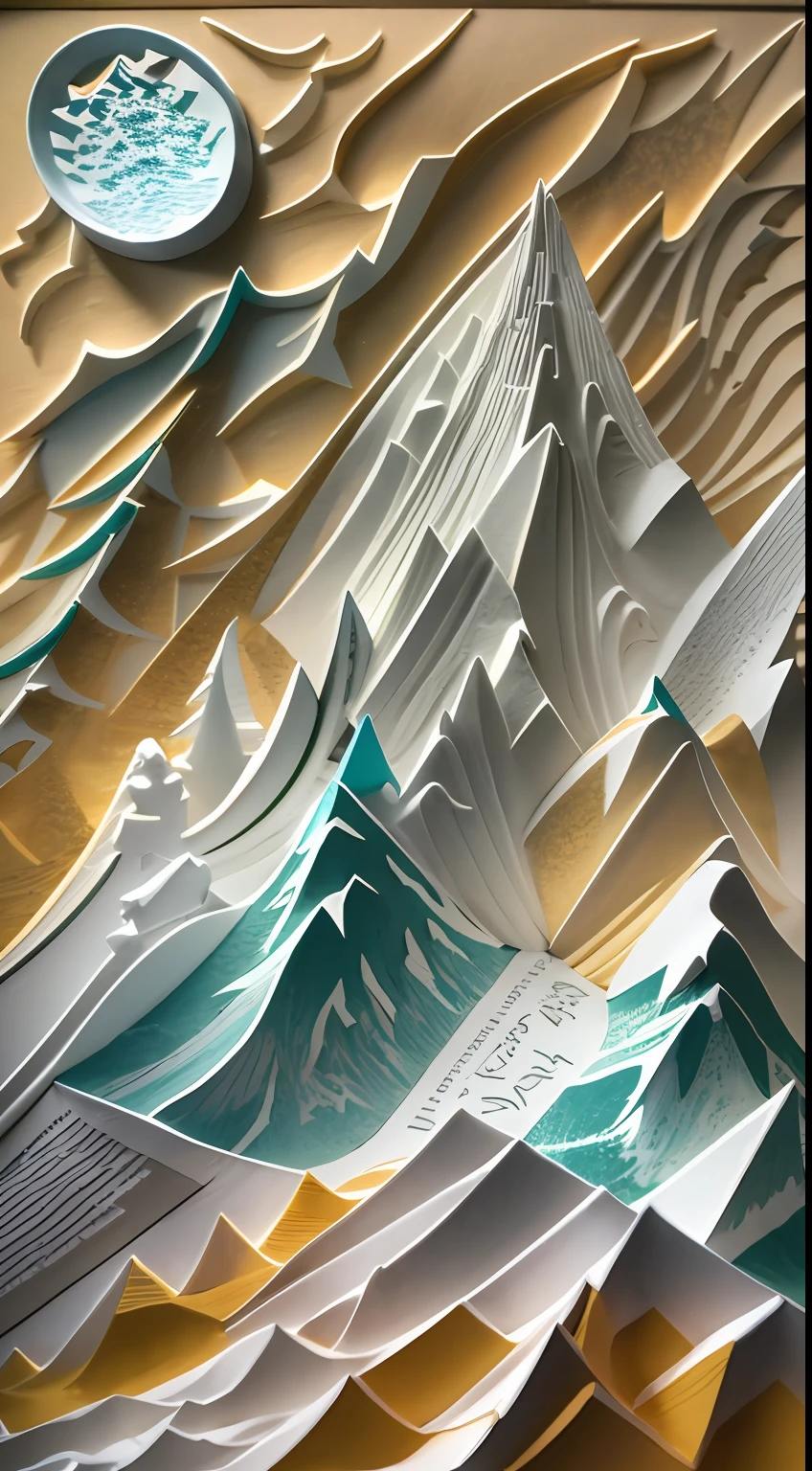 illustration: 1.3), paper art, 3D rendering of, snowy mountain background, , Colorful, Best quality, Detailed details, Masterpiece, offcial art, movie light effect, 4K, Chiaroscuro , Flash