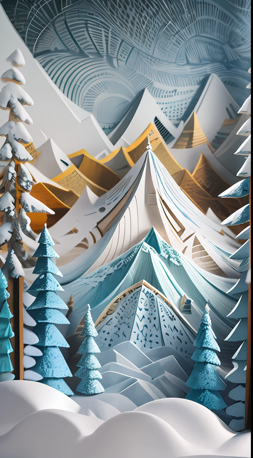 illustration: 1.3), paper art, 3D rendering of, snowy mountain background, , Colorful, Best quality, Detailed details, Masterpiece, offcial art, movie light effect, 4K, Chiaroscuro , Flash