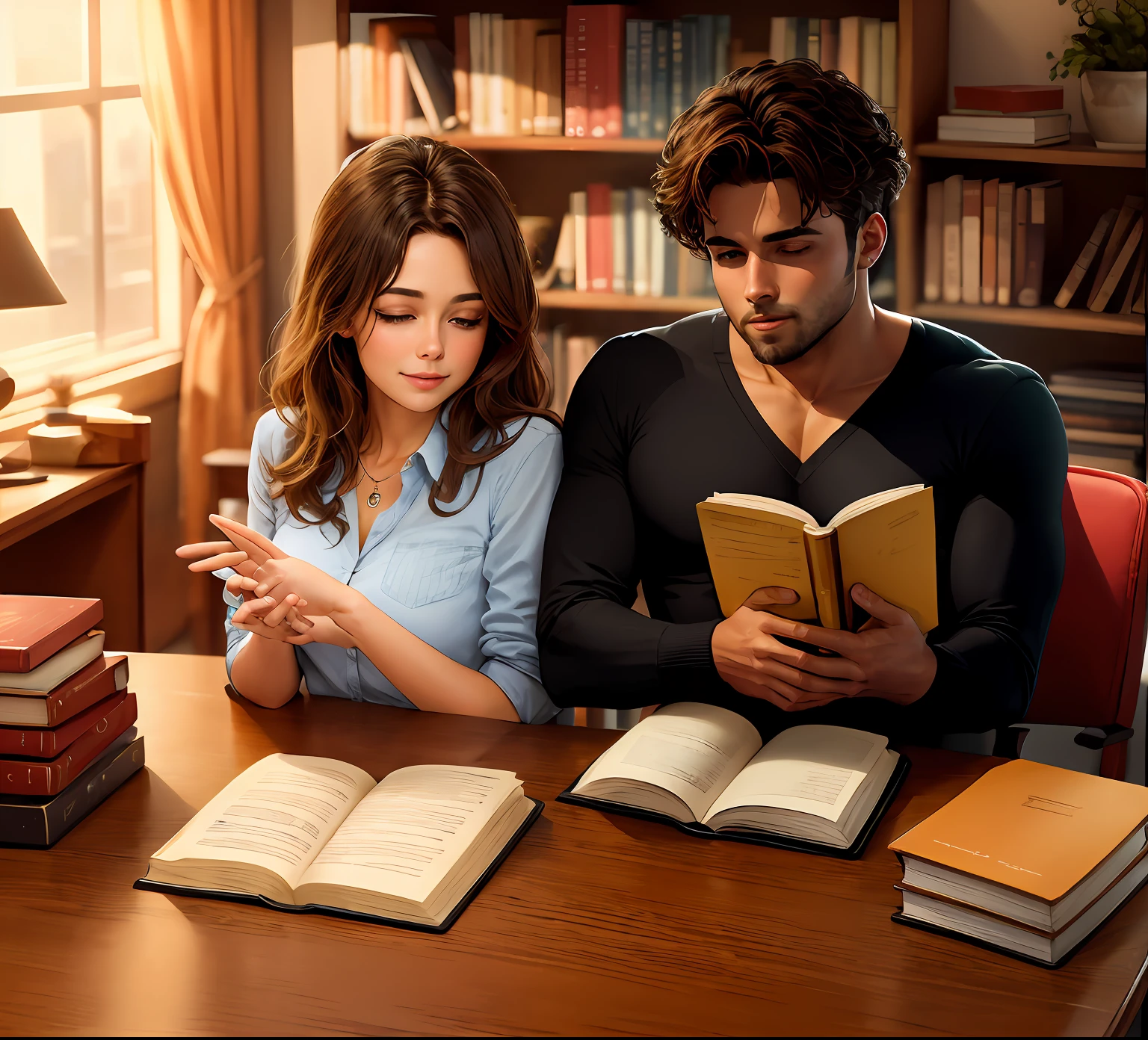 The brief contact of their hands was significant. books on the table, only the hands of a couple are seen