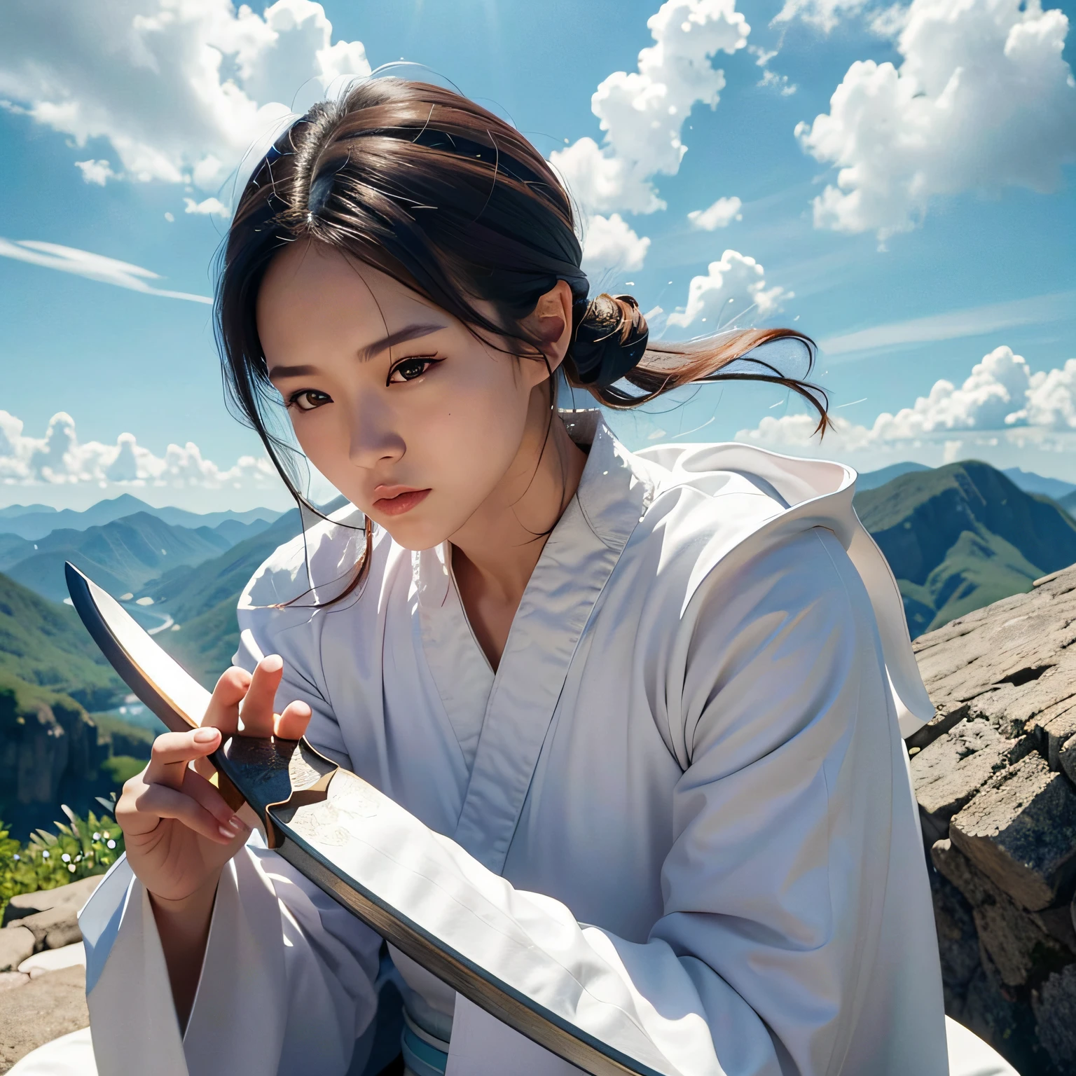 There was a woman holding a knife on a rock,The background is mountains, White Hanfu, she is holding a katana sword, A girl in Hanfu, holding a sword on her shoulder, Hanfu, inspired by Gu An, Wuxia, posing with a sword, she is holding a sword