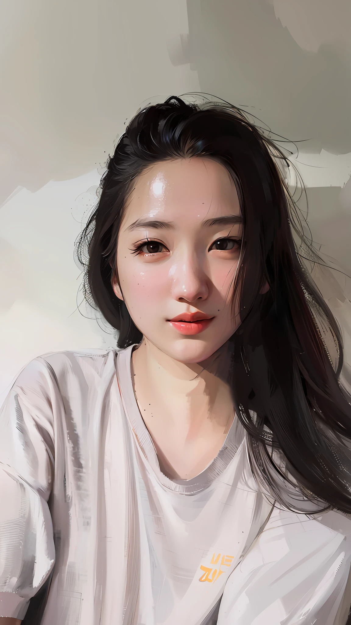 There is a woman with a white face and a white shirt, Realistic. Cheng Yi, Kawaii realistic portrait, inspired by Yanjun Cheng, detailed face of a asian girl, #1 digital paintting of all time, # 1 digital paintting of all time, inspired by Russell Dongjun Lu, Realistic painting, Asian face, Photorealistic!!!!!!! Art style
