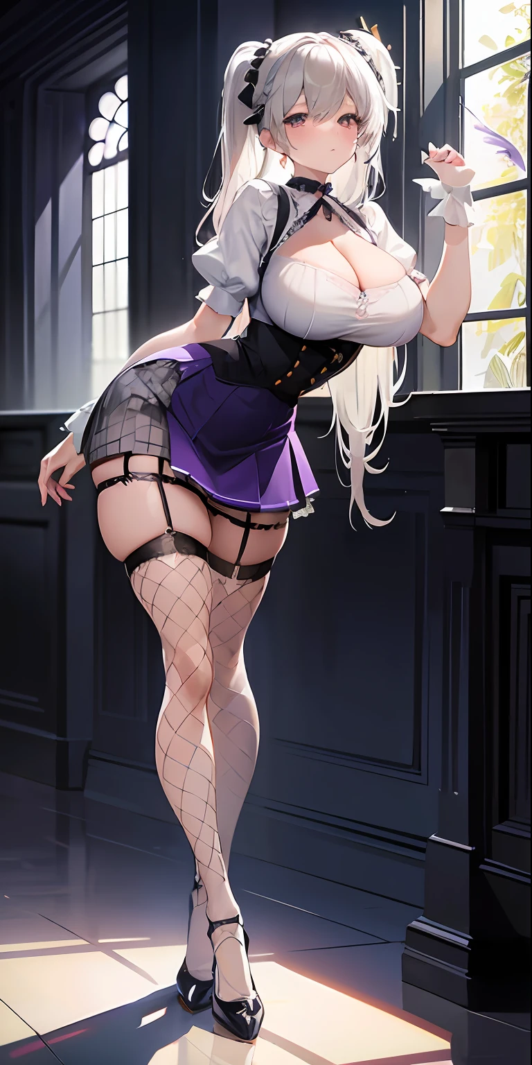 (masterpiece), best quality, perfect face, 1girl, mature woman, leaning forward, long grey hair, large breasts, hanging breasts, cleavage, narrow waist, lolita, ((ultra short skirt:1.2)), choker, transparent shirt, purple skirt, full body, white high heels, garters, ((fishnet stockings:1.2)),long and slender legs, beautiful legs,erotic