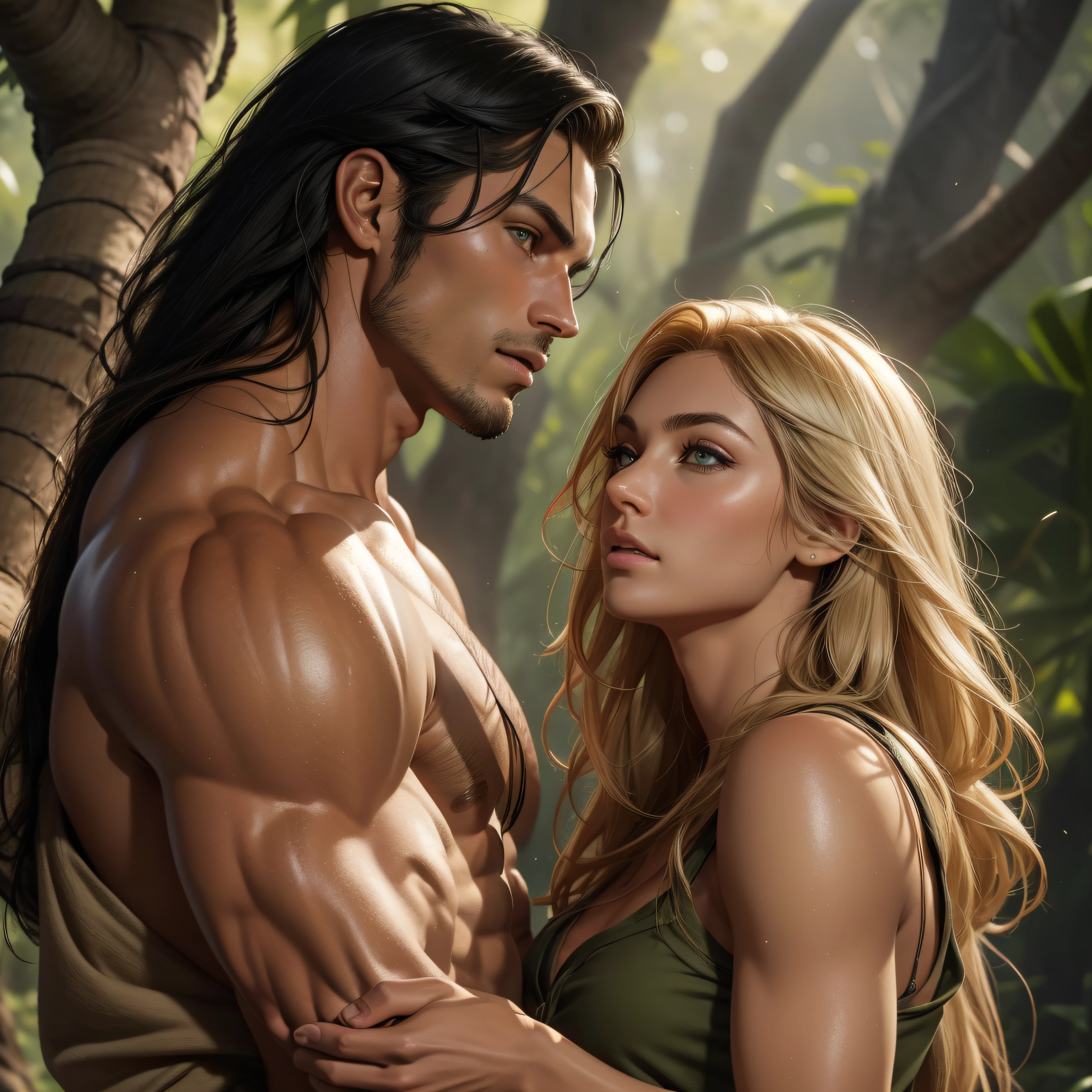 (Tarzan, tall, muscular caucasian man, tanned skin, shoulder length black hair, doeskin loincloth, shirtless, grey eyes) backed against a tree looking at (Jane, caucasian woman, blond hair, green khaki shirt and pants) (looking into each others eyes other longingly), diffuse light, scattered light, tyndall effect, bokeh, raytracing, depth of field, realistic image 8k perfect skin