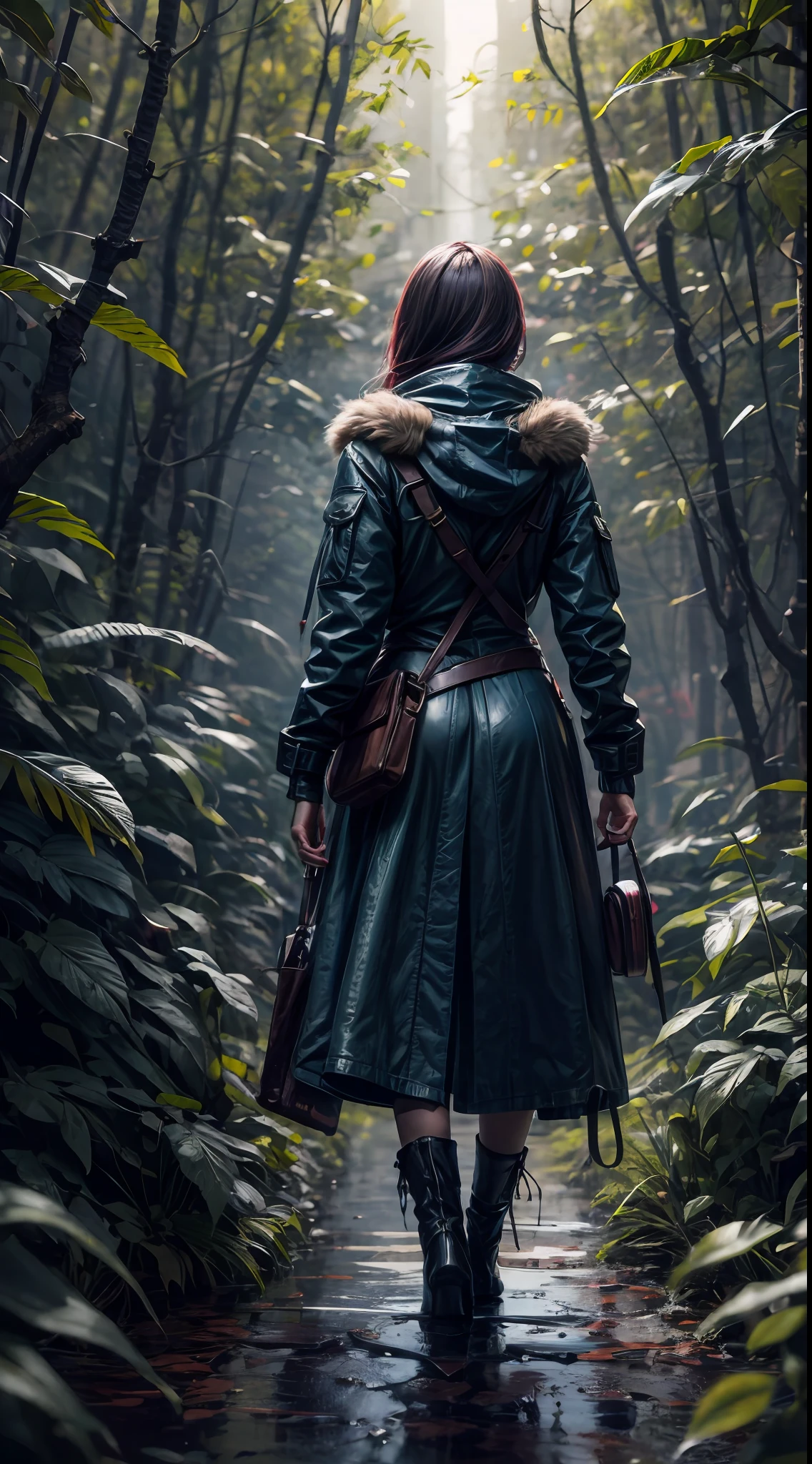 A girl in adventure costume walking in a dark misty jungle,from behind ,giant leafy trees, green big leaf, vine and tall grass, dark green, scary atmosphere, wet tree and ground, insects, horror film style, BREAK,Detailed,Realistic,4k highly detailed digital art,octane render, BREAK 8K resolution concept art, realism,by Mappa studios,masterpiece,best quality,official art,illustration,ligne claire,(deep dark color),perfect composition,absurdres, fantasy,focused,rule of third