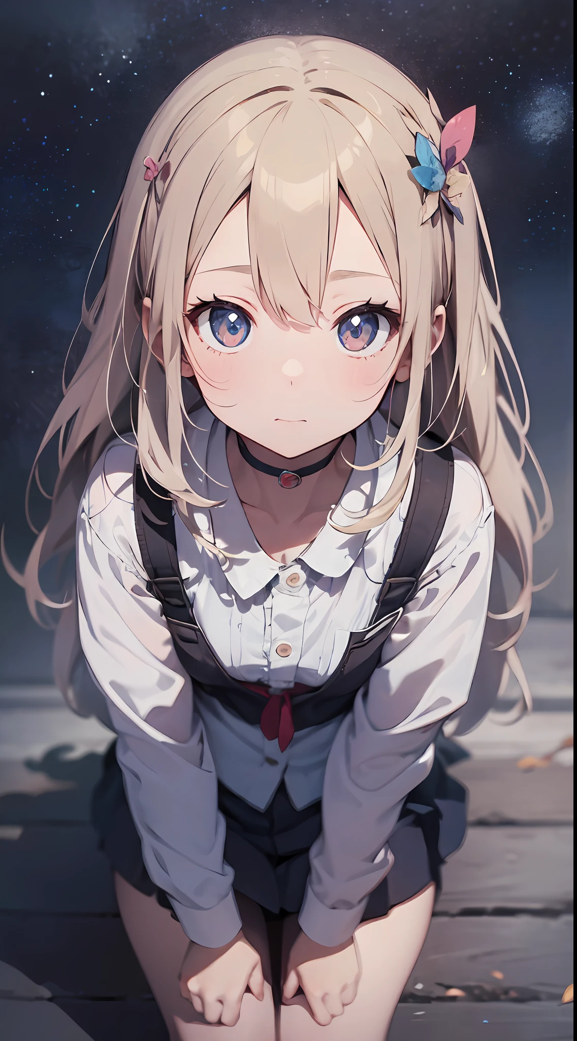 masutepiece, Highest Quality,  Detailed down to the smallest detail、Masterpiece to the smallest detail、超A high resolution、perfect anatomia, Realistic texture, 真实感、Maintains the shape of human body parts, Official art、Animated Illustration、???????-based illustration, girl with、wretched, Stand on the Ground, Innocent, Dressed in cute clothes、Cute little girl s、Innocent Pose、Staring at this。hightquality, intricate detailes。Illustration based on human ???????。The background is an otherworldly fantasy、Beautiful eyes close-up