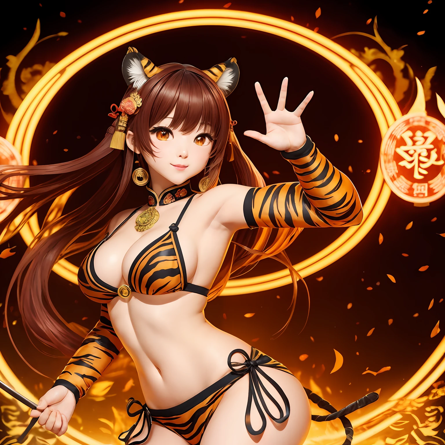 a beauty girl、respect、Fanciful、hposing Gravure Idol、Chinese zodiac sign of the Japan The lower half of the body is the figure of a tiger　The outside of the face resembles a tiger　More and more tiger-like faces　Deformed　Magic circle in the background　Fangs Out