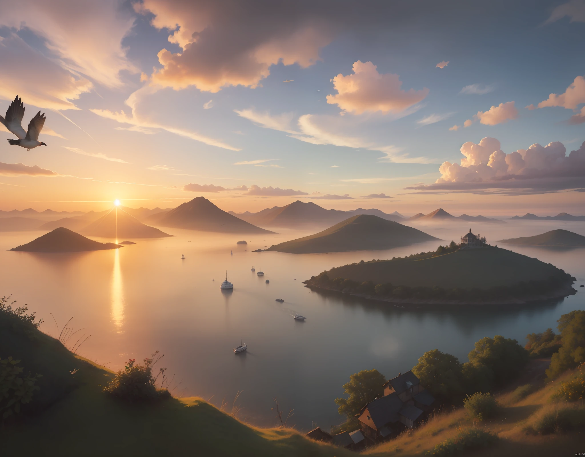 A island, sunset, misty, bird view, by john avon.