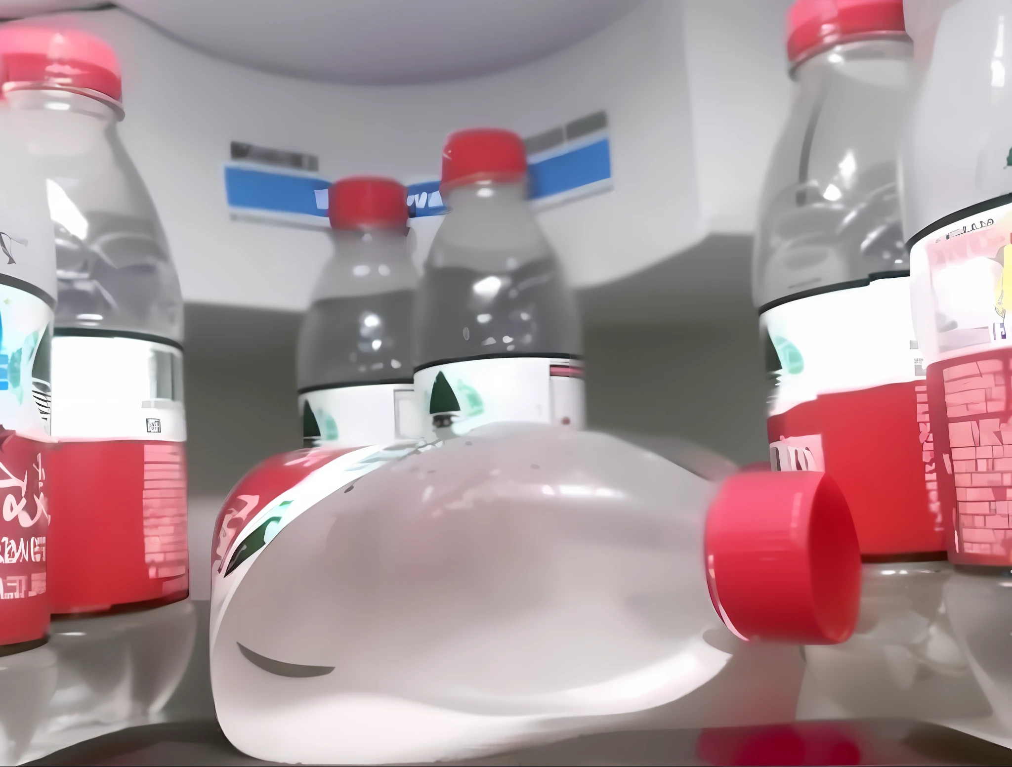 Bottled water drain on refrigerator shelf, made purely out of water, Accurate depiction, Plastic bottles, Some red water, made of drink, cursed images, 6 packs, Very thirsty, leaked from nasa, Made of plastic, The droplets run down the bottle, empty pet bottles, Accurate perspective, Bottle, Made of liquid, Ultra-precise