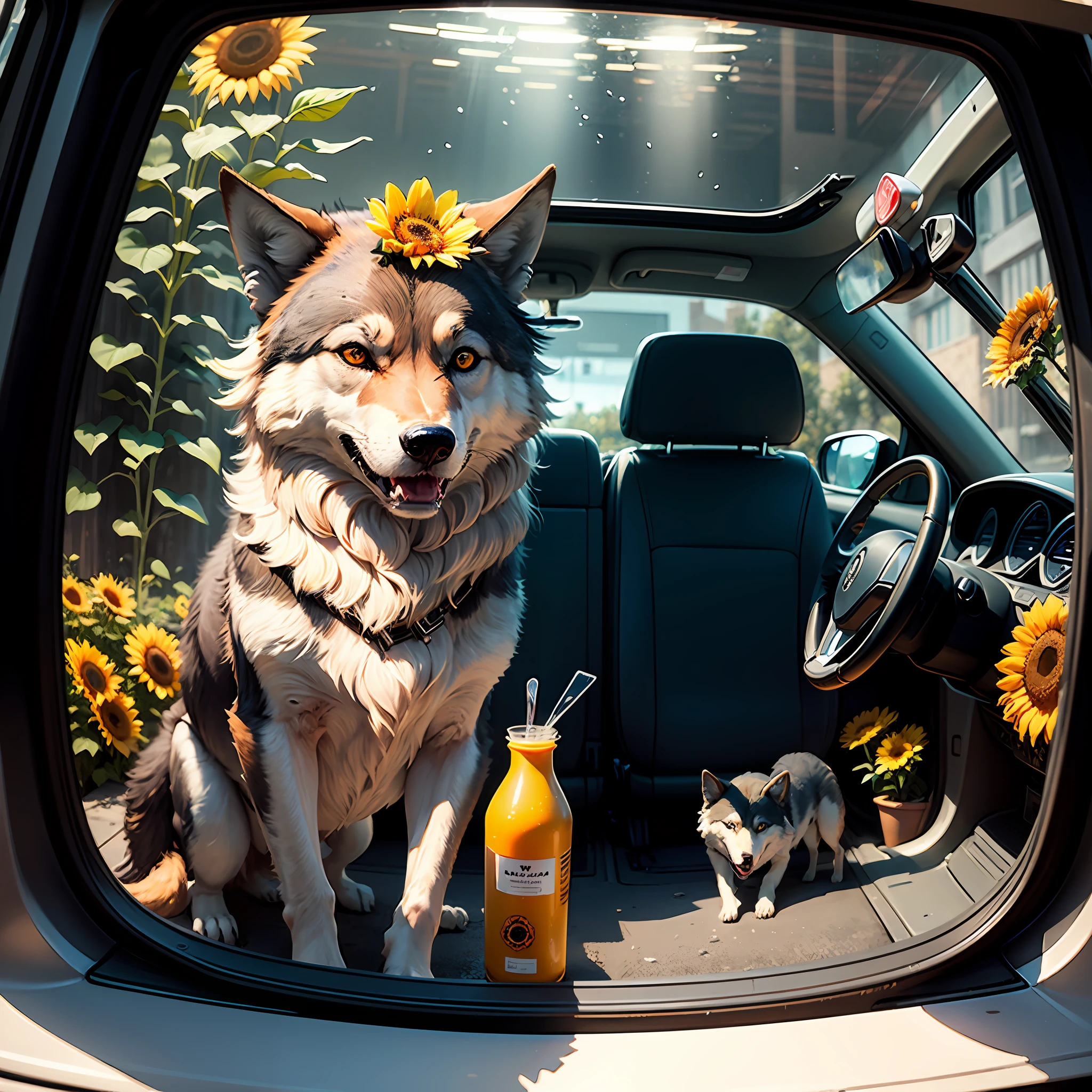 Wolf trapped in an aquarium pulled by a Renault car with a sunflower on the hood and square steering wheel sticking out of a huge ice cube