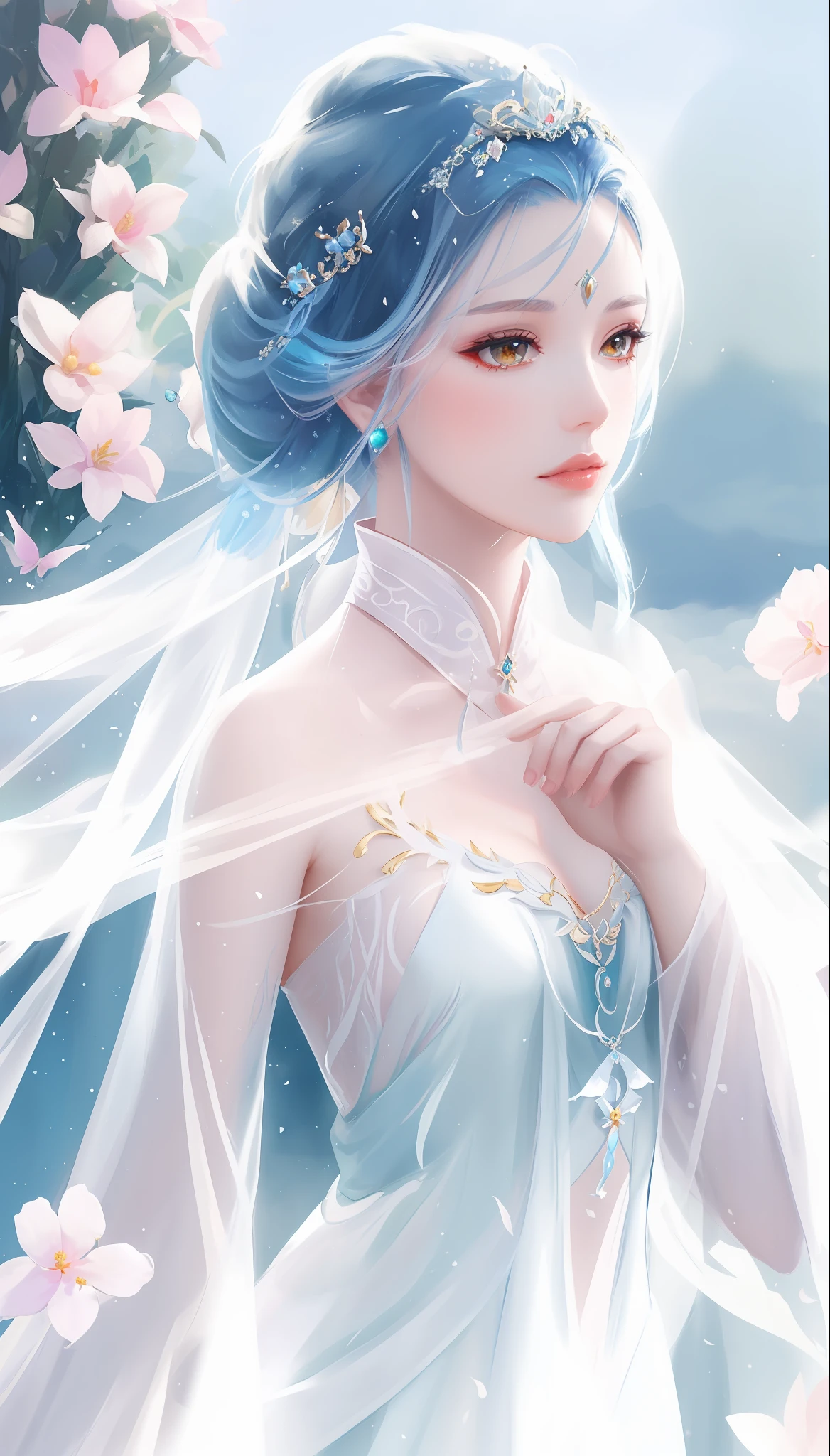 a close up of a woman with blue hair and a veil, ethereal beauty, ((a beautiful fantasy empress)), a beautiful fantasy empress, beautiful character painting, palace ， a girl in hanfu, ethereal fantasy, beautiful fantasy maiden, extremely beautiful and ethereal, white hanfu, fantasy beautiful, beautiful fantasy art, beautiful female princess, beautiful maiden, chinese princess