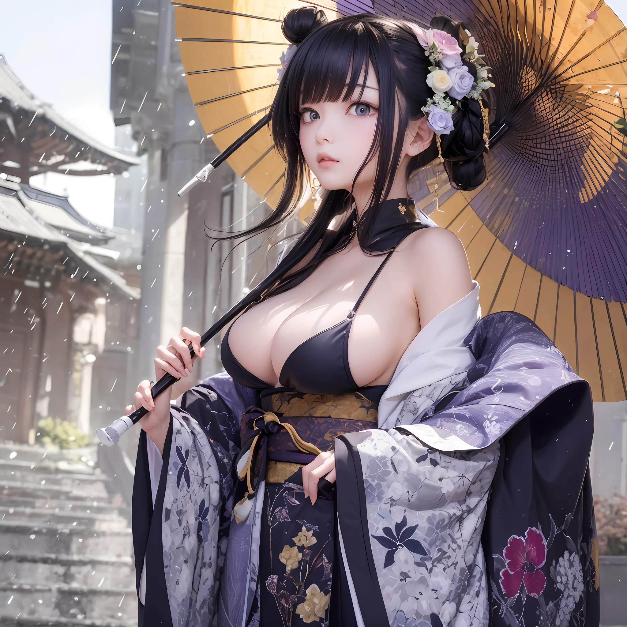 The upper part of the body、1人、A dark-haired、Bun hair、mansion、Purple Eye、Gorgeous kimono、off shoulders、Very large breasts、Chest、Holding a parasol、Japan anime-style odd eye spell, rain falling