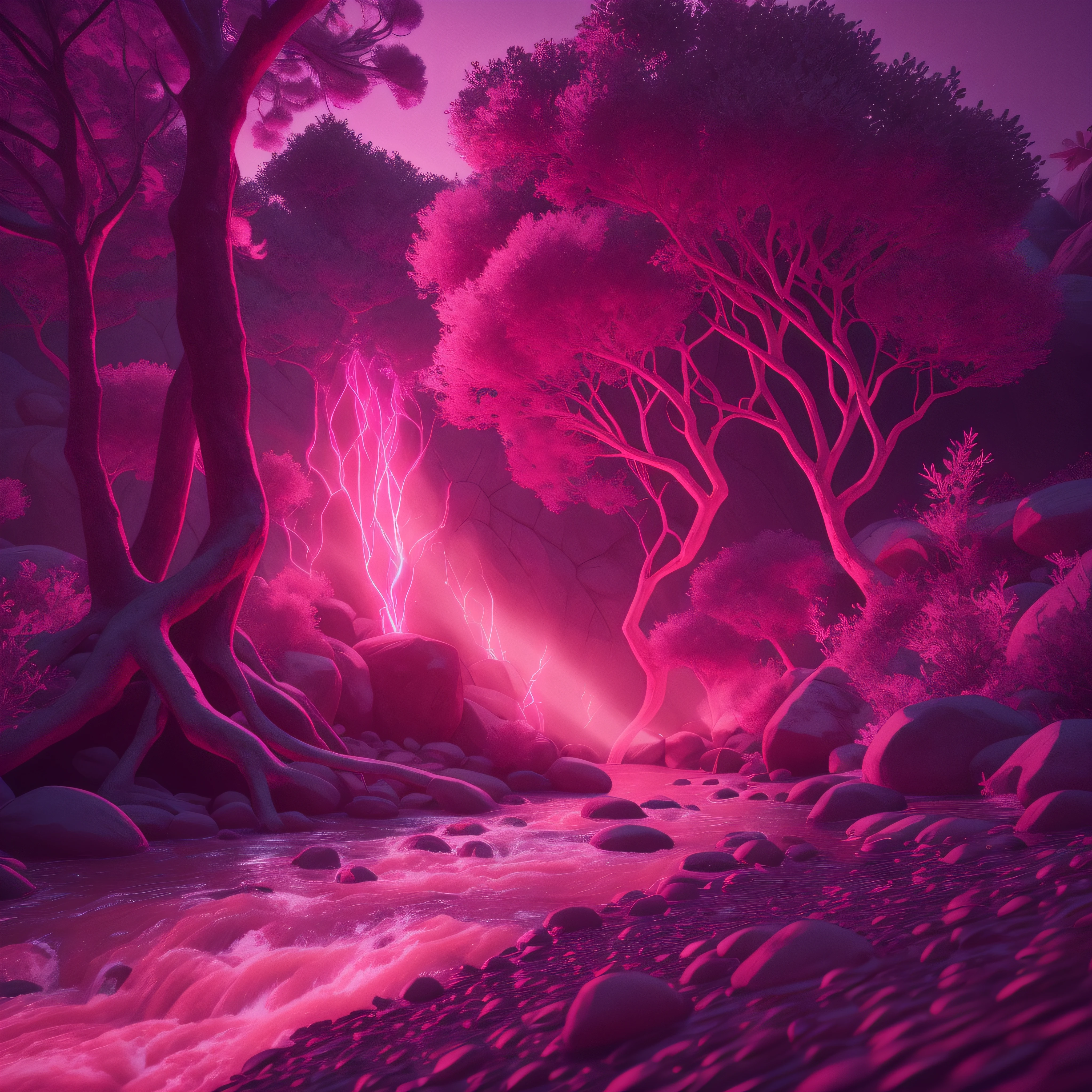 hyperdetailed kingdom with pink aglaonema and cedar tree emerging from ground of hyperdetailed ablaze beach with a stream flowing through it that glows like daylight, cinematic lighting, 8k, unreal engine, octane render, realistic