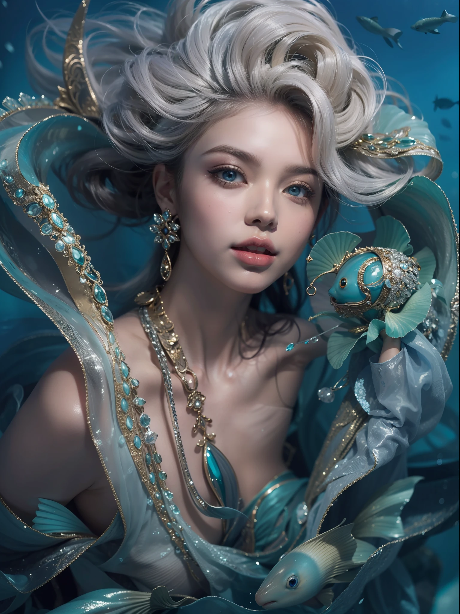 Presenting the enchanting "Fashionista" magazine cover, designed with a theme of beauty in the deep ocean. Our cover model is a mesmerizing mermaid, captivating all with her stunning presence. Her flowing silver hair cascades gracefully, perfectly complemented by tasteful and elegant makeup.
Her piercing ocean blue eyes draw you in, reflecting the allure of the sea, while her lips resemble delicate rose petals, adding to her enchanting charm.
Adorned with very sophisticated, precious metal, and gemstone accessories, she embodies the elegance and luxury of the ocean depths. The accessories accentuate her beauty, showcasing her as the epitome of sophistication and allure.
The background of the cover is a visual wonder, featuring glowing coral reefs and beautiful small fishes. The good lighting illuminates her surroundings, creating an ethereal ambiance that brings the beauty of the deep ocean to life.
This "Fashionista" magazine cover celebrates the beauty of the deep ocean, captivating readers with the enchanting presence of a stunning mermaid adorned in glamorous and intricate accessories. With its opulent charm and graceful finesse, the cover promises a captivating journey into the world of fashion and style, a must-have for every fashionista's collection.
