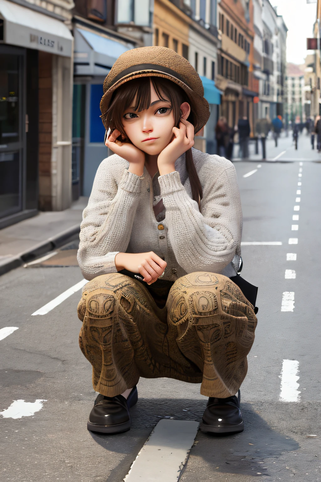 3d,
1girl, looking at viewer, street fashion, full body, squatting,
masterpiece, best quality, 8k, detailed skin texture, detailed cloth texture, beautiful detailed face, intricate details, ultra detailed