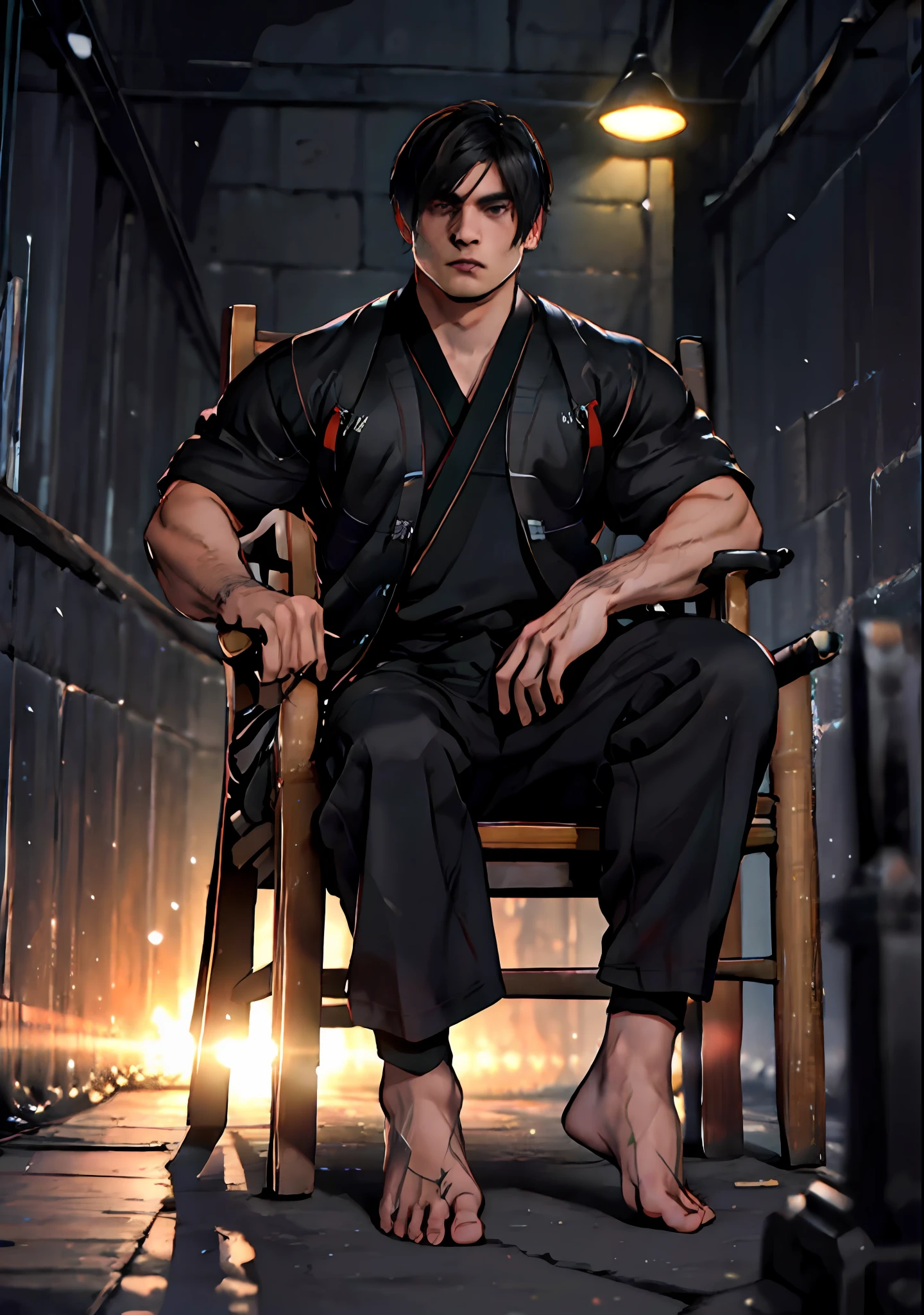 best quality, masterpiece, super high resolution, detailed background, realism, Illustrations, single, 1 boy, street, muscle, volumetric lighting, depth of field, facial hair, samurai, (crew cut), (black clothes), sitting on chair, barefoot, black socks
