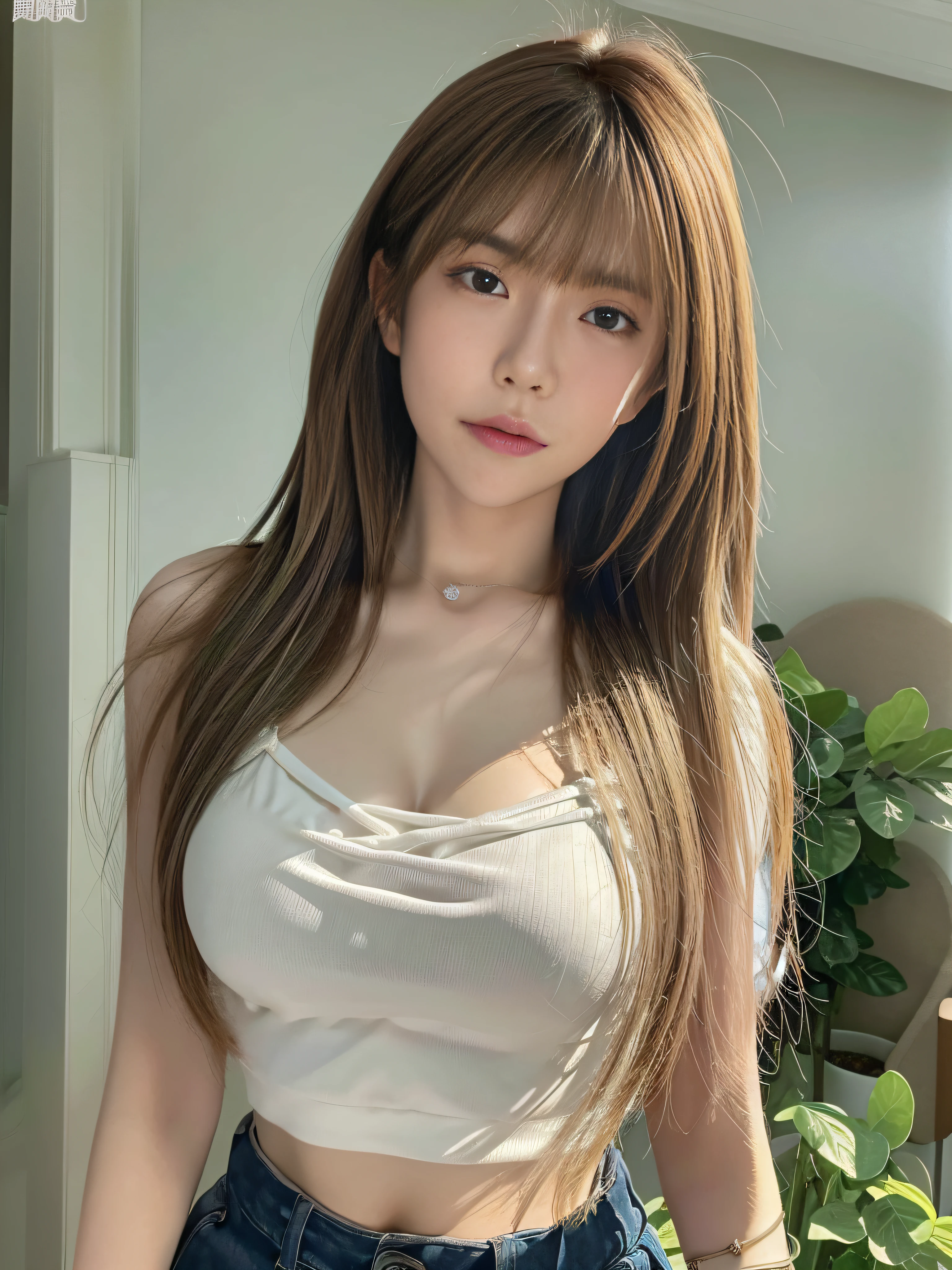 A perfect masterpiece,realisticlying,8K,超高分辨率,Perfect image,Perfect detailing,Very detailed facial details,detailed hairs,Textured skin,Perfect light,Perfect halo,perfect shadow。 (Look ahead)The character is a girl in her twenties,lovely and delicate,with dynamism,The upper body is wearing an open-crop suspender,The lower body is wearing super shorts(Show off your sexy hot body),Hair to shoulders and neck position,There are bangs in front of the forehead,A pair of beautiful Danfeng eyes,Tall and delicate nose,Soft lips,s the perfect face,bangle,choker necklace,Large breasts,Naturally hangs down,busty figure,Big breasts Thin waist。Wide hips,Perfect body proportion,Natural head-to-body ratios,Sexy groin(Rich in detail),Very consistent with human anatomy,anatomy correct。 Cloakroom in the mall,standing on your feet,Beautiful and moving。 full body shot of,Full body photo,depth of fields,dyna,perfect shot,Be realistic,hentail realism。