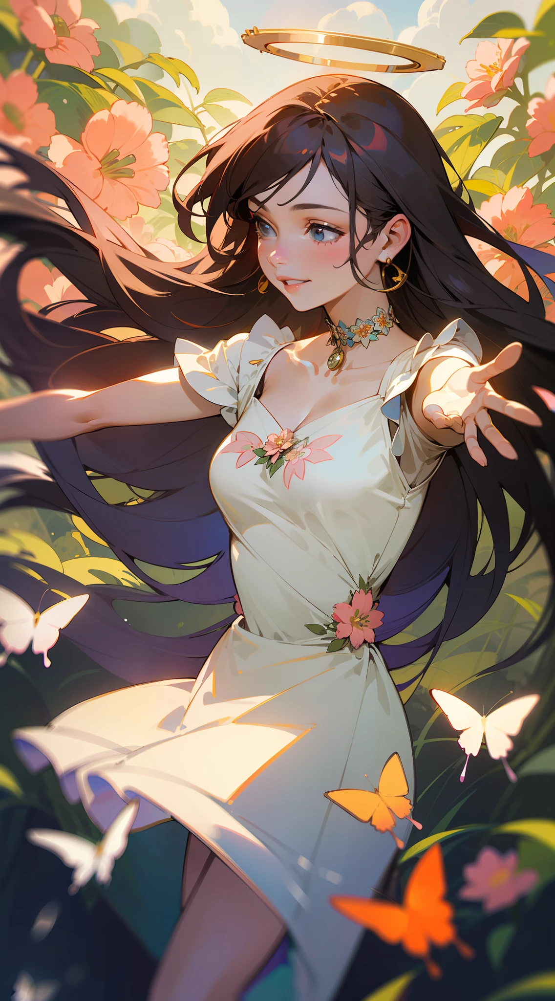Alpha ounce Mucha, (Decorative composition: 1.6), Masterpiece, High quality, ((Photorealistic)), Film directed by, (High contrast), Depth of field, (Award-winning difference photos), detail in face, Detailed drawing, there is a place in the forest where flowers bloom, girl dancing in a snow-white summer dress in a flower garden, girl is 9 , Very long hair,Brunette hair, Summer sky, Summer clouds, (dazzling sunlight in summer: 1.4), Flower garden, girl with open arms, choker necklace, corolla, Butterflies, Fluttering petals, Dynamic movements, (Dance), Make a smile, teeth showing, (((florals))), lianas, leafs, (dazzling halo),