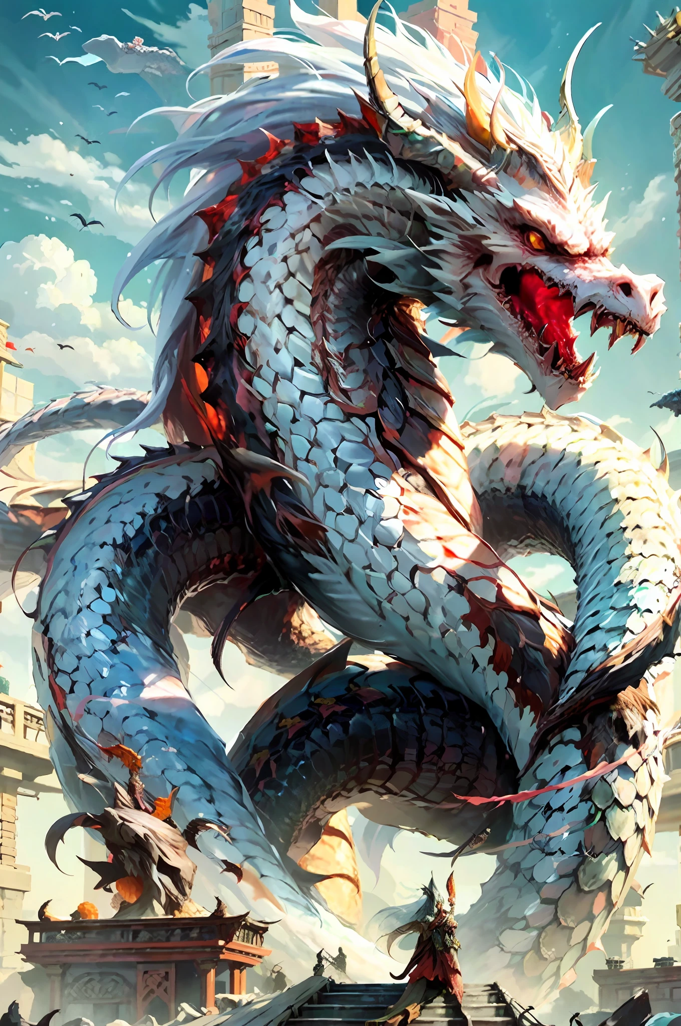 a painting of a dragon with a long tail and a long tail, jormungandr, dragon art, sea serpent, chinese dragon concept art, naga-tirr, majestic japanese dragon, hydra, dragon snake with wings, great mystical winged serpent, colossal dragon as background, oil painting of dragon, jörmungandr, dragon, loong