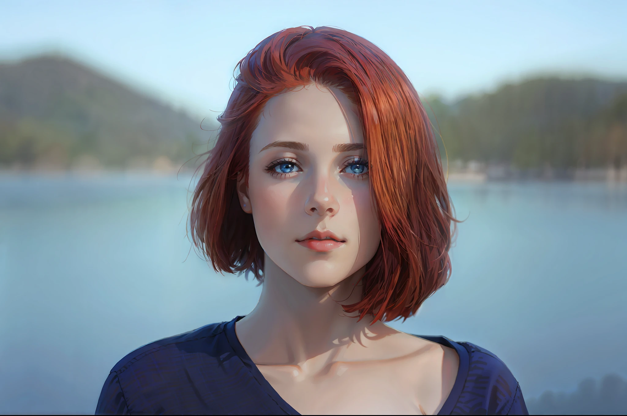 there is a young woman with a short hair and a blue shirt, a redheaded young woman, perfectly centered portrait, 7 0 mm portrait, red haired young woman, 4 k asymmetrical portrait, head centered portrait, landscape