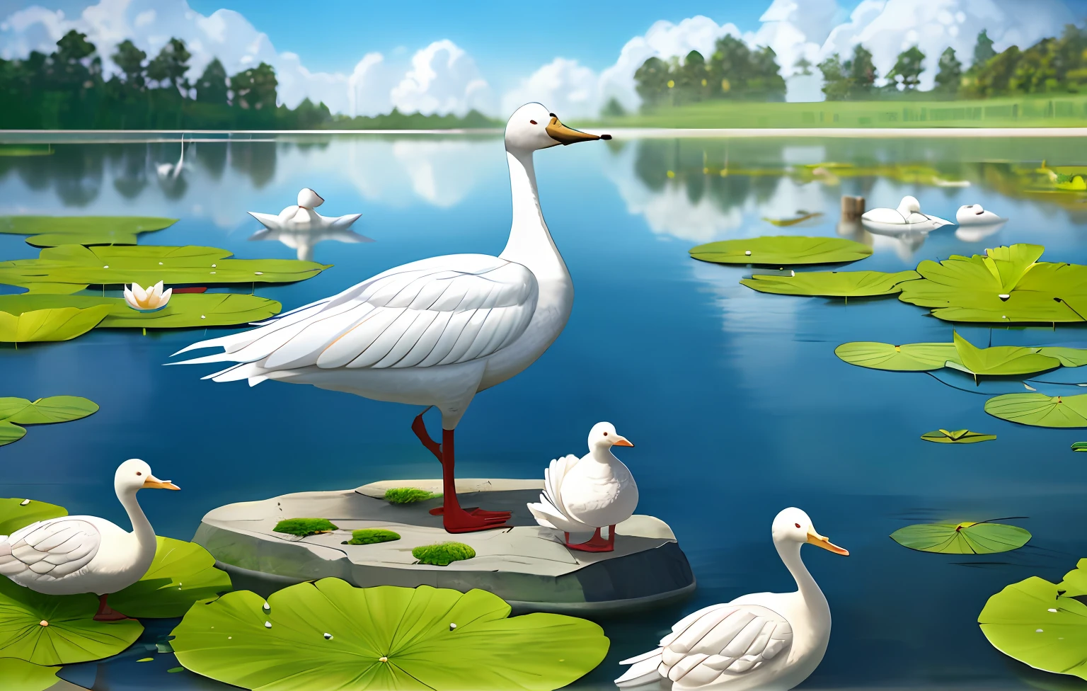 Lake surface, 3 white geese, Fine goose feathers, White feathers, blue-sky, White goose on the lake, Plants, steins, lotuses, Lotus leaf, springtime, high detail, depth of field, Pixar, anime style, UHD, masterpiece, super detail, 8k
