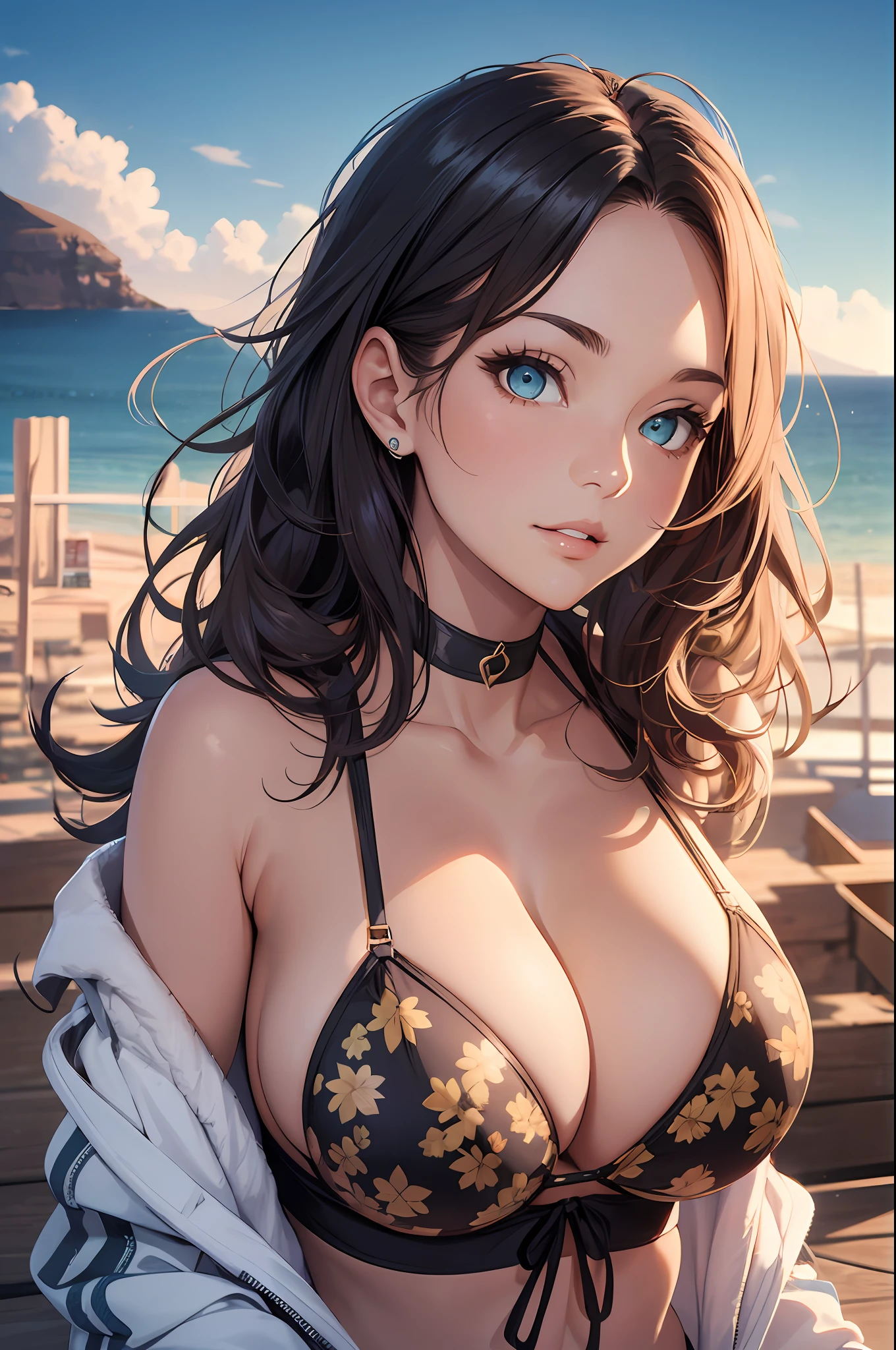 (masterpiece, best quality), young woman, perfect slim fit body, (huge breasts), big gorgeous eyes, soft smile, parted lips, detailed printed micro bikini top, fleece jacket, short shorts, pastel colors, detailed choker, wavy hair, santorini beach, late evening, excellent lighting, bright colors, clean lines, photorealistic