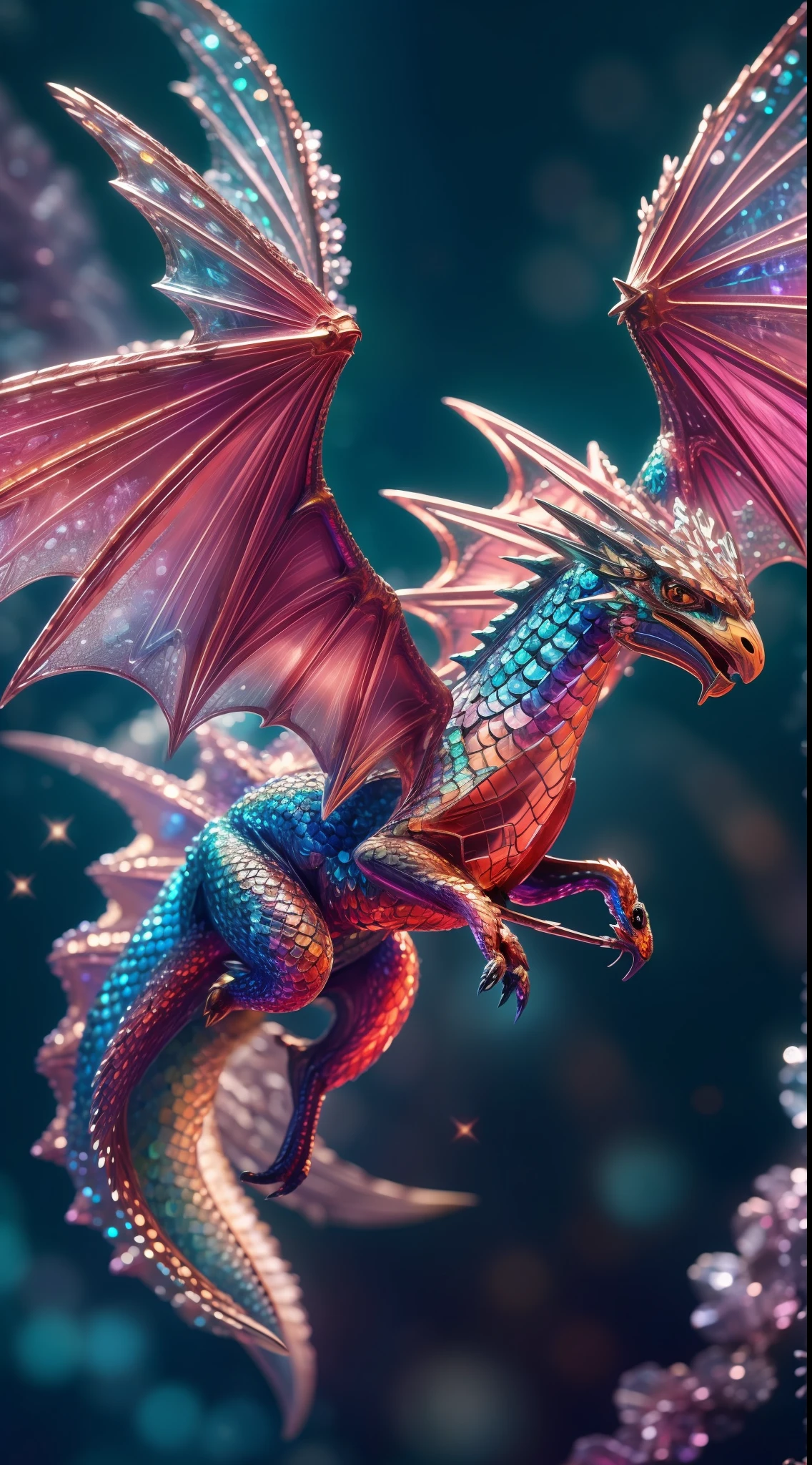 crystals fantasy, close up, one crystal dragon is flying,face and wing,
fantasy, galaxy, transparent,
shimmering, sparkling, splendid, colorful, happiness, treasure,
magical photography, dramatic lighting, photo realism, ultra-detailed, 4k, Depth of field, High-resolution