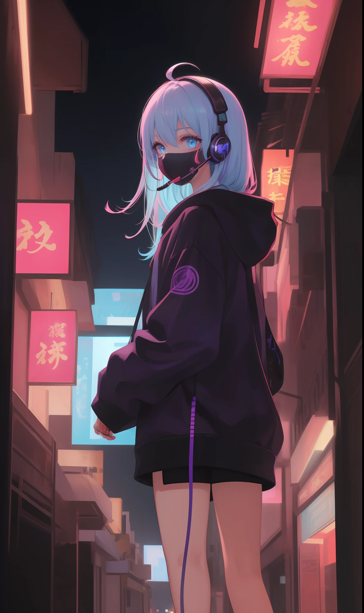 art by Cornflower, Dreamy, (detailed 8k wallpaper,In a shabby alley,Girl focus,Al girl,Multicolored hoodies,mouth mask,ahoge,crystal pink_Hair,Glowing eyes,Blue_Eyes,Cyberpunk,Sci-Fi City, Kowloon,Detailed background,intricately details,finely detailed,A high resolution,Red light,Blue light,Purple light,headset on head,)long whitr hair