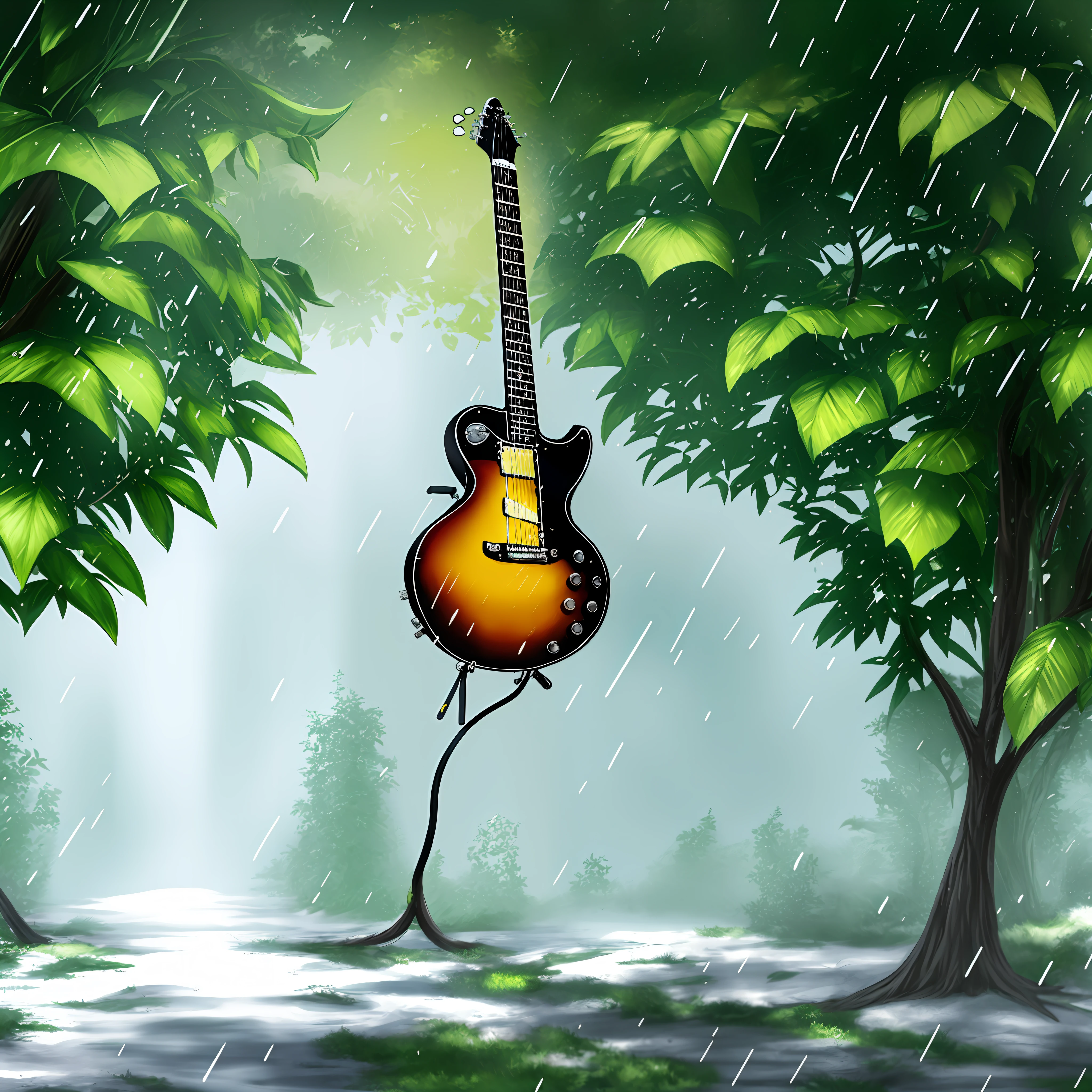 "amarelo, floresta, lua, Guitar and Rain"