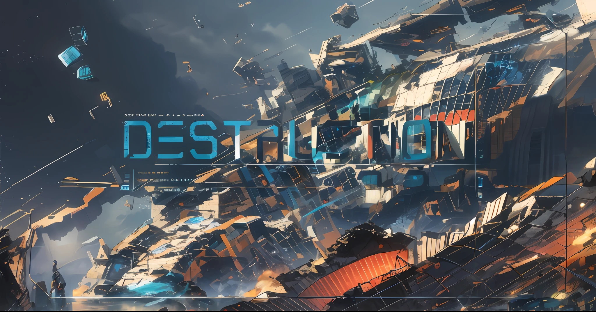 Close-up of futuristic design with futuristic background, disrupt, 4K destruction, destructive forces, Robot destruction, city destruction, colorful dystopian futurism, megastructure background, Dystopian digital art, distortion, megastructure background), Destroyed, disrupt, Destruction around her, disrupt, Official artwork, background megastructure, Mass destruction, destroying a cityscape, c 4 d "