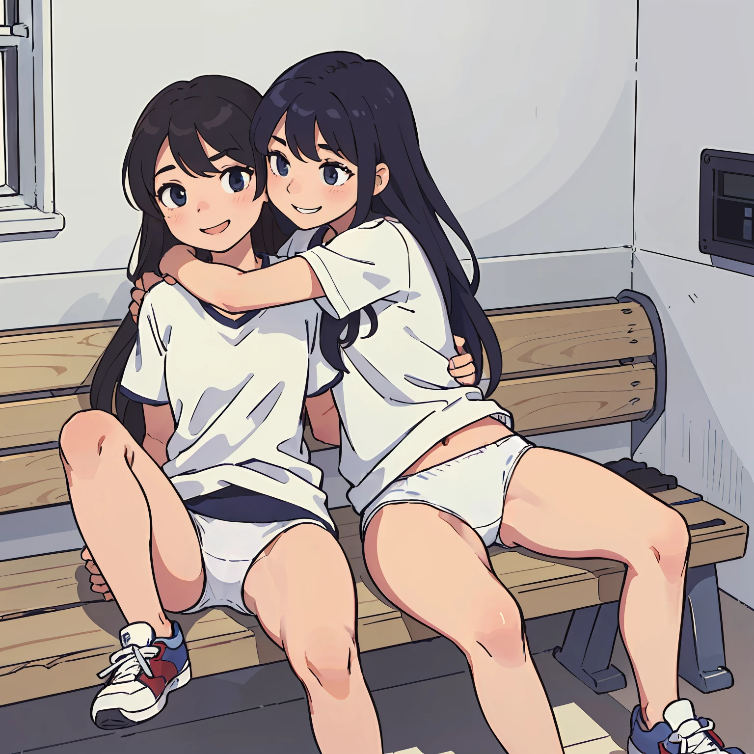 (masterpiece:1.2, best quality), (highly detailed:1.3), gym locker room, 2girls, yo, long hair,long legs, (white panties), white t-shirt, sitting on bench, spread legs, tired, hug, smile, sneakers, after training, bright, warm