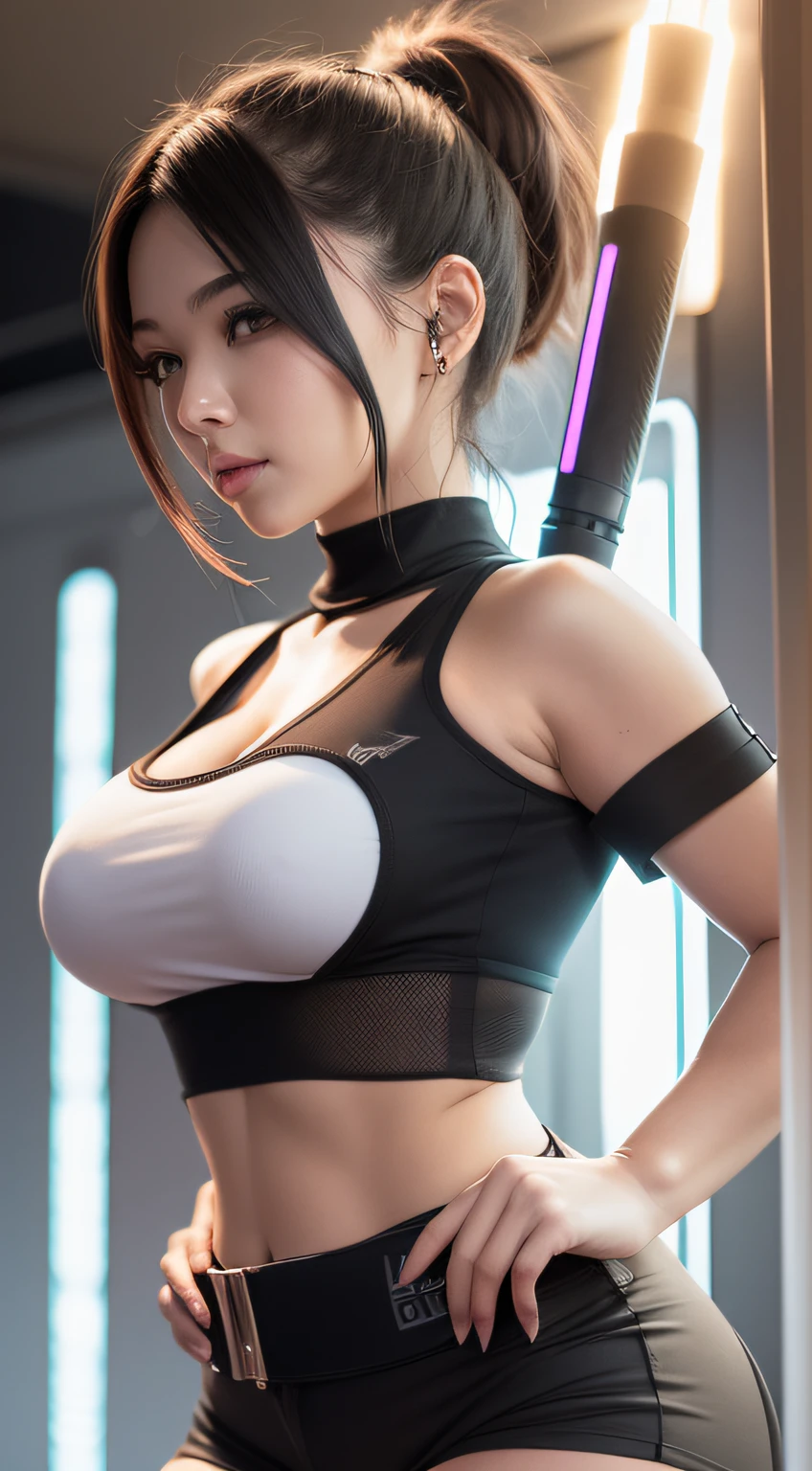 Beautuful Women，Raised sexy，Bigchest，Stand up，sense of science and technology，It has a cyberpunk feel on it，The upper body is wearing tight short sleeves，Wear tight shorts on the bottom，The face shape is a little cuter