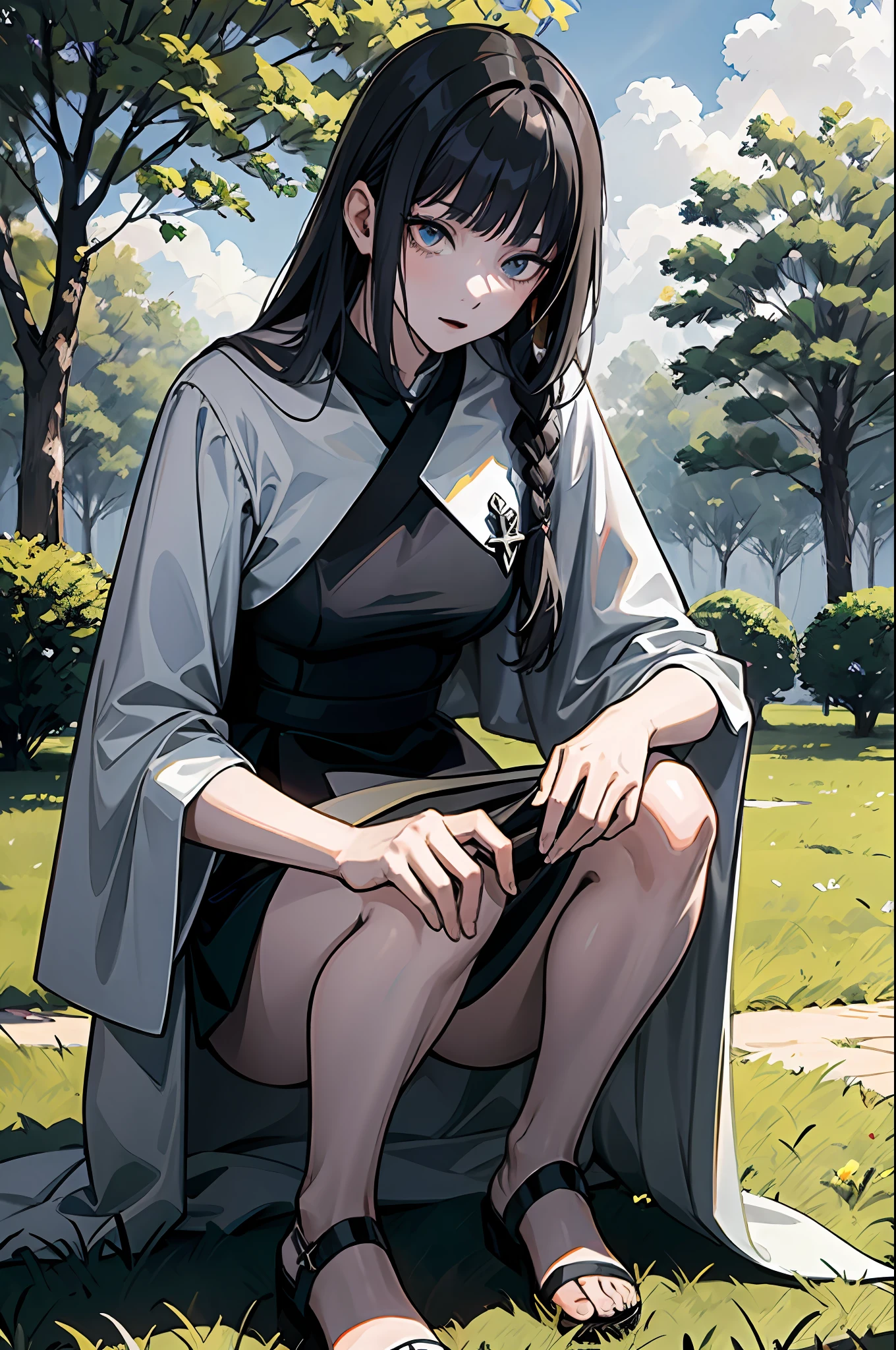 Beautiful illustration depicting a scene of a black-haired priestess crouching in a park、Include a representation of hair showing part of gray hair。Panchira