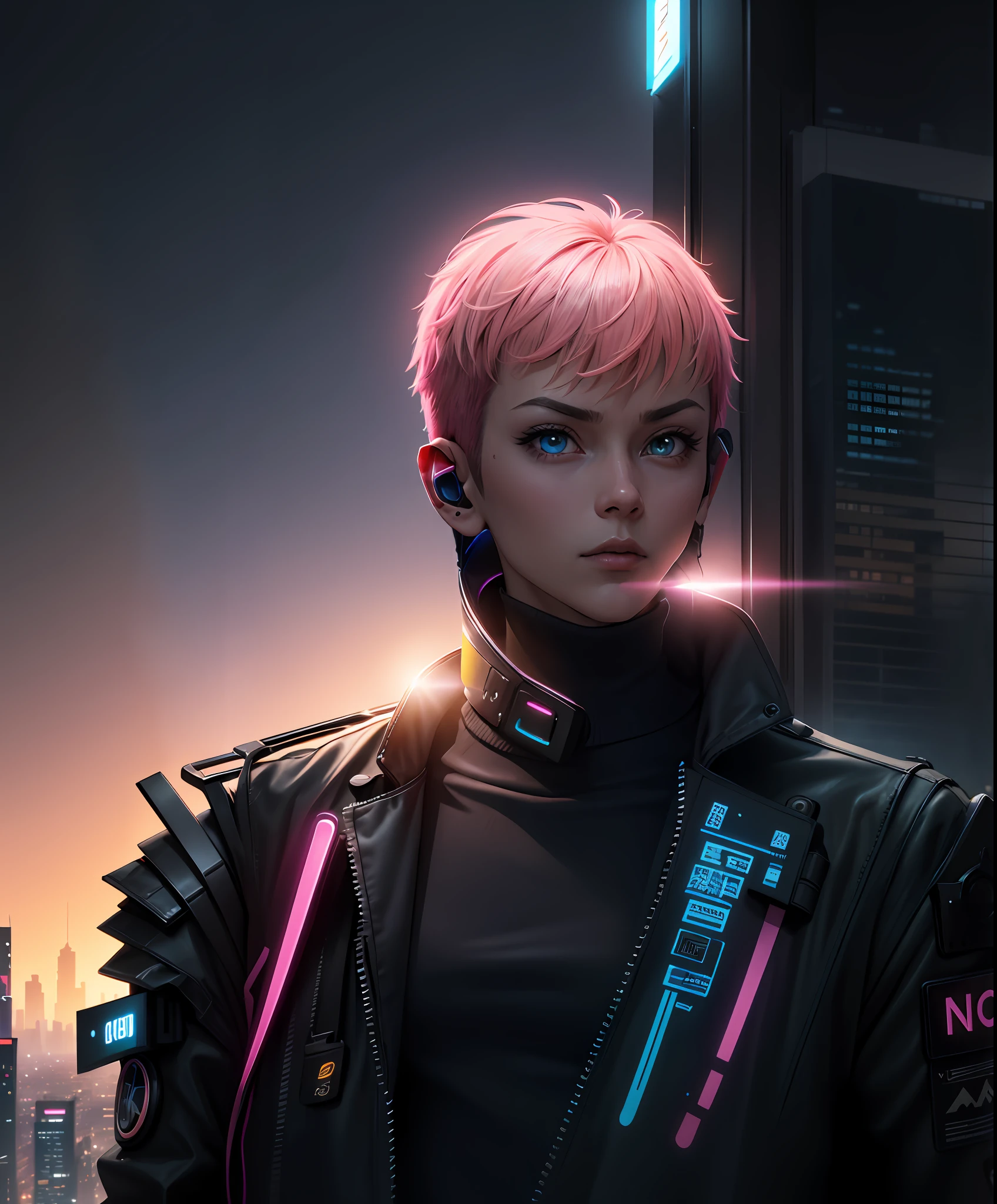 (masterpiece, 4k ,ultra detailed:1.2),(anime:1.2),illustration,(realistic:1),
(solo:1.4),
(panorama,Two-point perspective:1.4),aerial shot,(fisheye:1.2),
(landscape,outdoor,night,midnight,cyberpunk,rooftop,sky:1.2),(skyscraper,cityscape:1.4),
(neon sign,blue neon,pink neon,yellow neon:1.4),
(short hair:1.2),(supermodel:1.4), transparent clothes, stockings, model posing, photography, neo coothes , collar, techwear