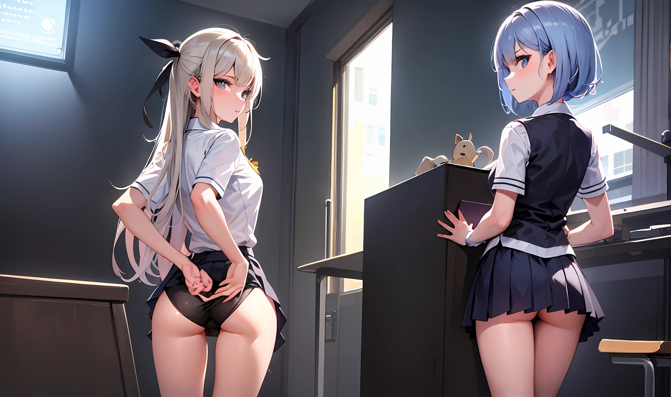 School uniform girl,Beth,with his back to the viewer,Break your butt with your hands for the audience to see,hindquarters。