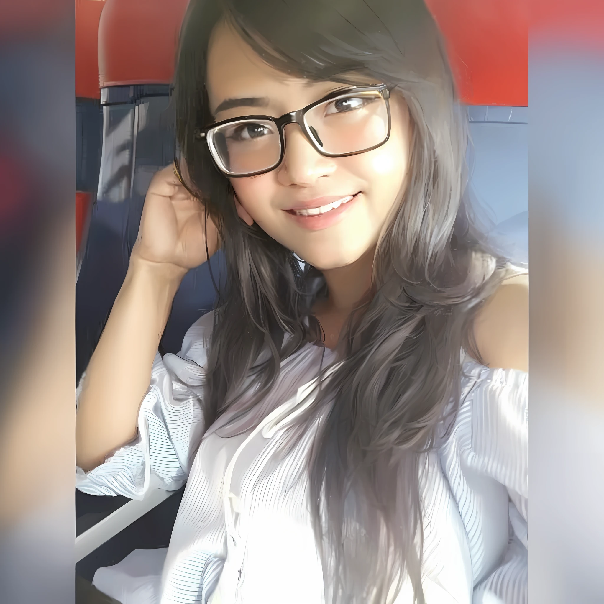 there is a woman sitting on a bus with glasses on, with glasses, during sunrise, potrait, during sunset, with a beautifull smile, with glasses on, beutiful, slight cute smile, picture, student, bautiful, with lovely look, serena malyon, handsome girl, with sunglass, cindy avelino, with accurate face, friedly smile