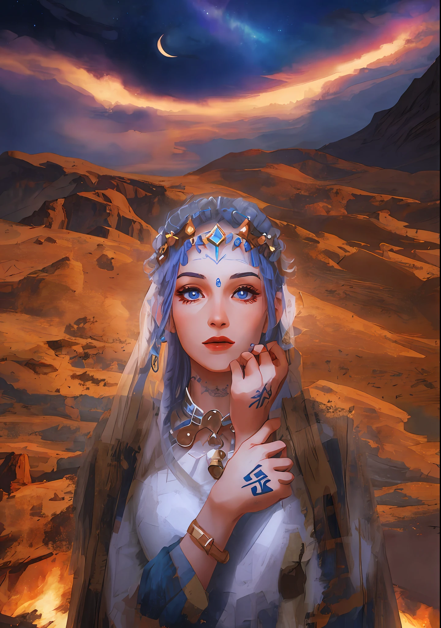 1woman, Arabic, Moroccan, Amazigh, in a white dress, tattoo, she is dressed in shaman clothes, portrait of a goddess, ancient libu princess, beautiful night sky, haze movie poster, cinematic lighting,