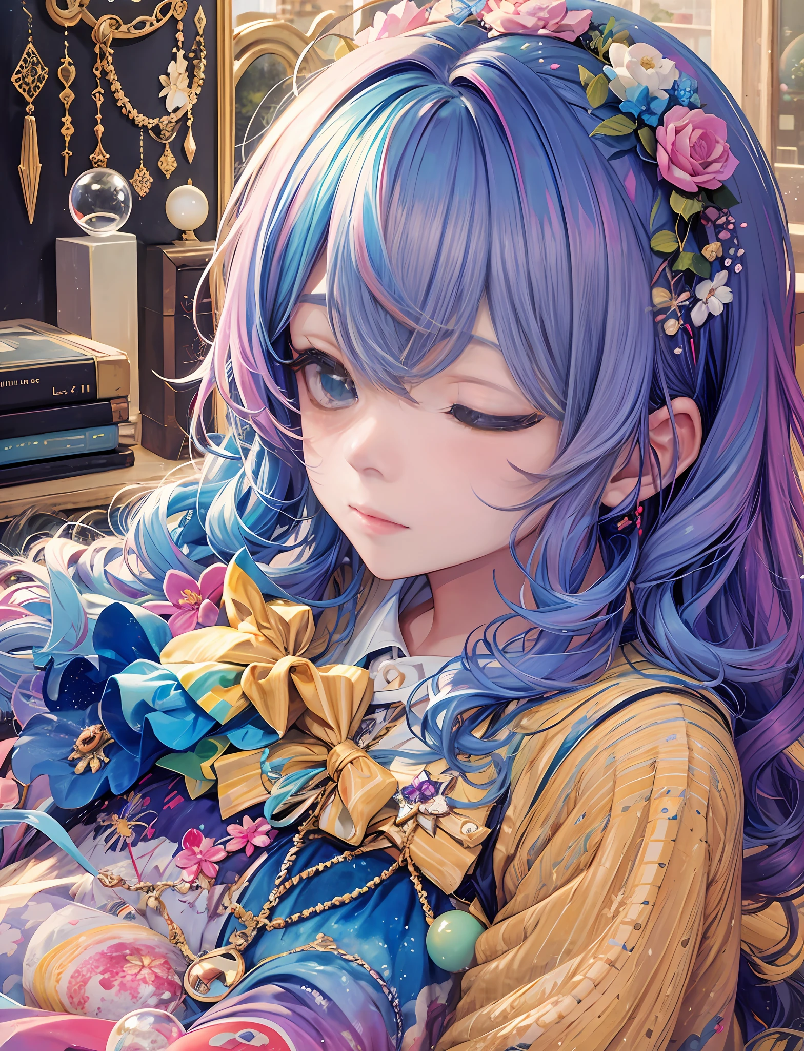 Yumekawa 、Cute as a dream、a pale、Moya、(masterpiece、top-quality、top-quality、watercolor paiting(Curly)、Official Art、Beautifully Aesthetic:1.2)、(2People Girls:1.3)、The upper part of the body、Flirting、lesbian、lolita fashion、lolita、looking at the viewers、patterns、BREAK、(rainbow-colored hair:1.2)、BREAK、soap bubbles、rainbows、colourfull、soap bubbles、sweets、kawaii、pastels、、Sleeping in bed、Clean hands