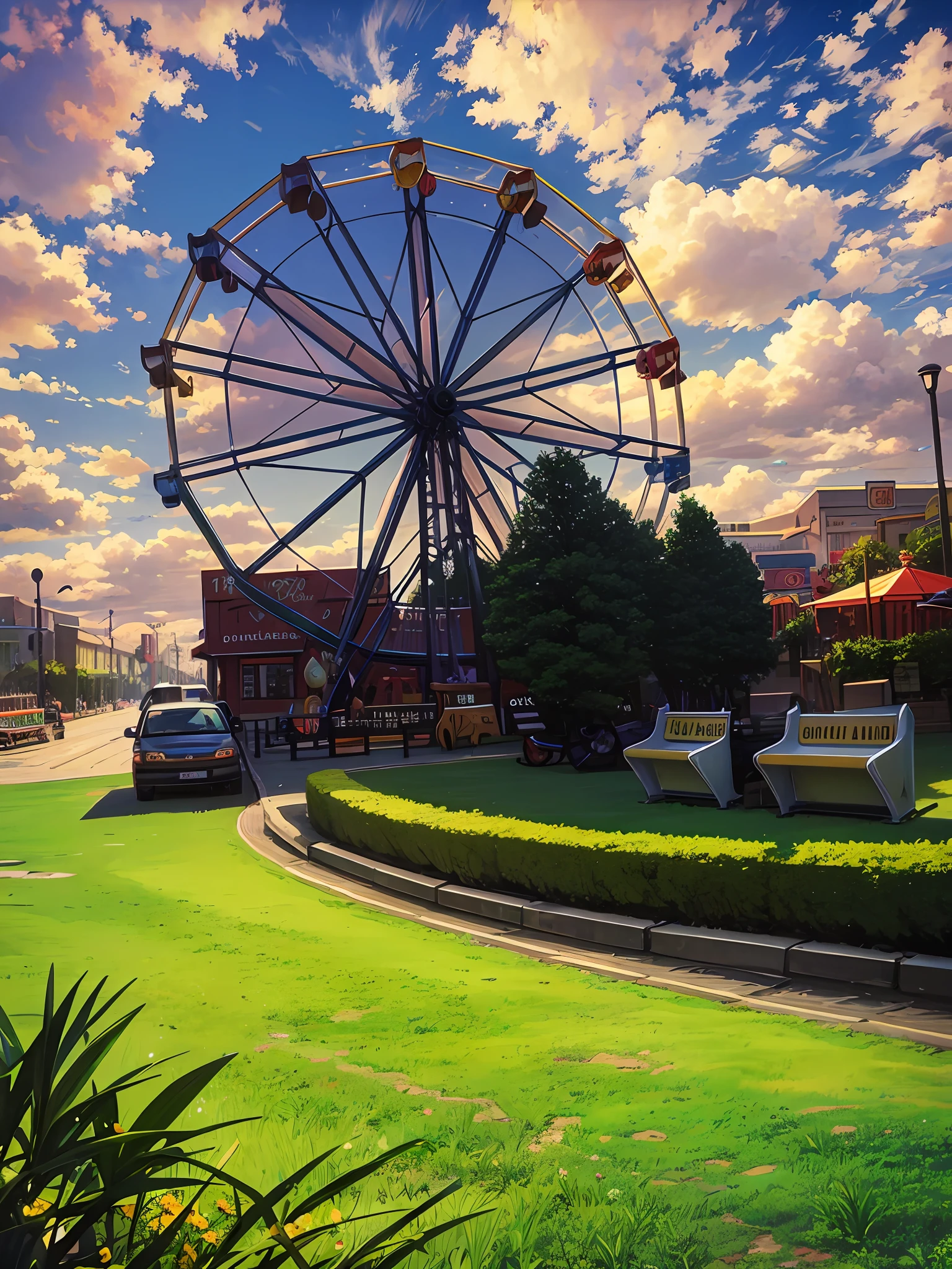 parks,he Ferris wheel,(he Ferris wheel),a lot of balloons,green trees,Outdoor playground,Rides,fairground rides,An amusement park,s镇,Bypass the start,carnival,amusement park attractions