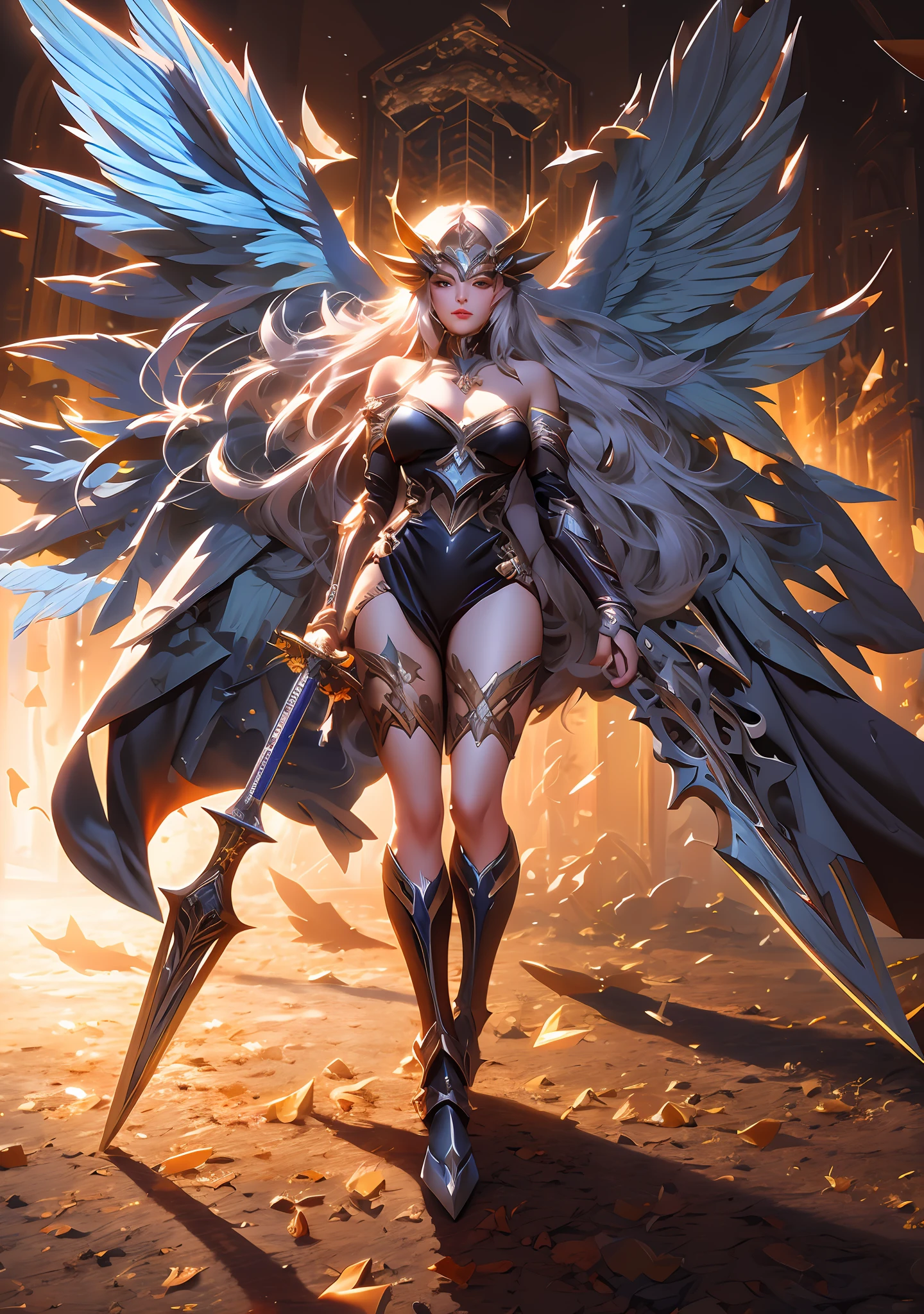 a drawing of a woman with a sword and wings, valkyrie style character, angel knight girl, as a mystical valkyrie, sketchy artstyle, angel knight gothic girl, mechanized valkyrie girl, complex fantasy character, archfey, winged archer, angel in plastic armor, black wings instead of arms, villainess has black angel wings, oc commission, she is holding a sword,masterpiece, best quality, (extremely detailed CG unity 8k wallpaper), (best quality), (best illustration), (best shadow), absurdres, realistic lighting, (Abyss), beautiful detailed glow