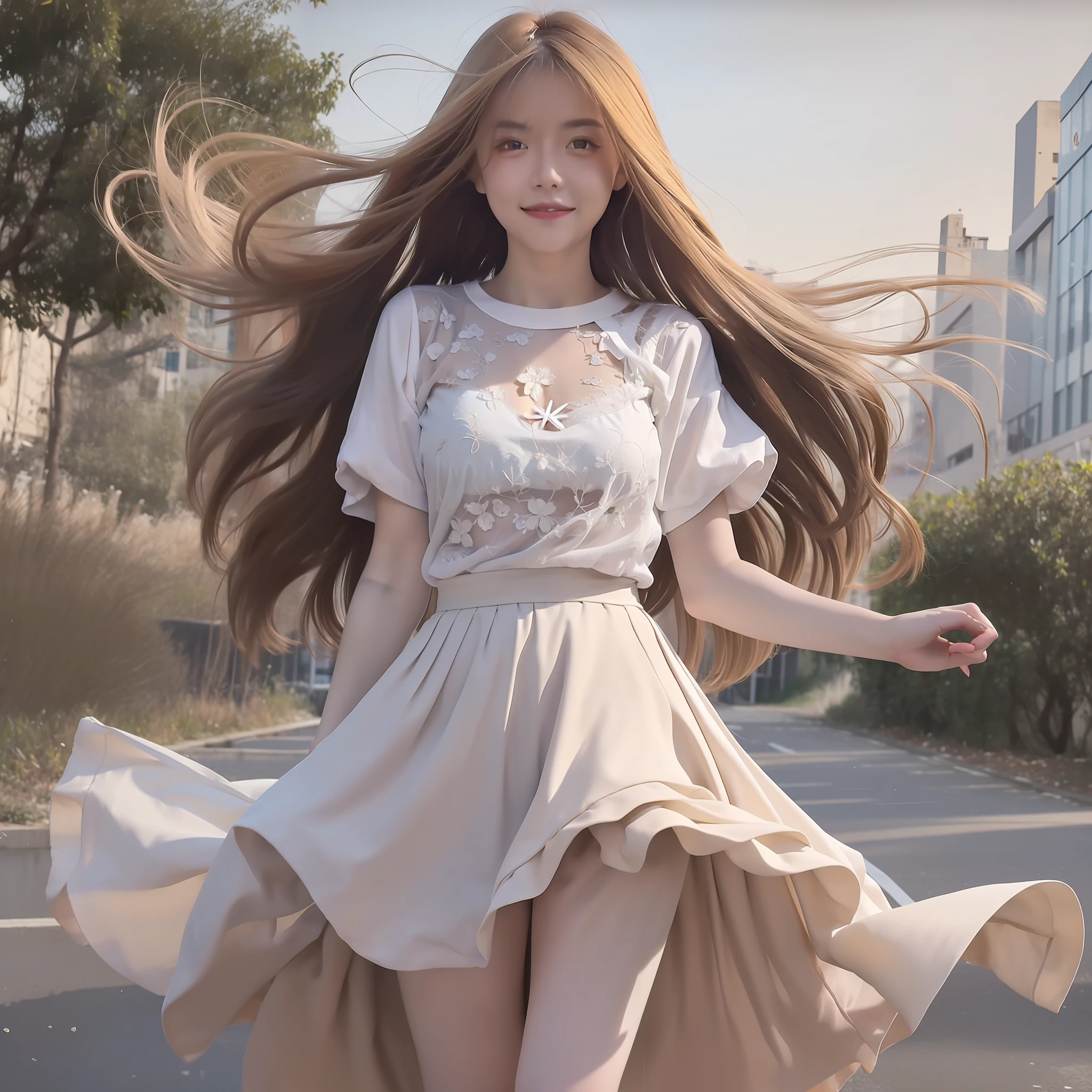 "(Best picture quality、A masterpice), white backgrounid, Ultra-thin paper，Sparkling, Beautiful and tasteful, The wind blew for a long time，ssmile, curly blond hair, Vivid and stunning，Scottish pleated skirt，Greater wind，The wind blows hair，Floating hair，Static clothes，Short sleeved bodice，extra very long hair，12 meters long hair，Hair grows to the floor，Correct limbs，fully body photo，standing on your feet，white short sleeve，Cross your hands at your waist，mid day，Sunnyday，full bodyesbian"