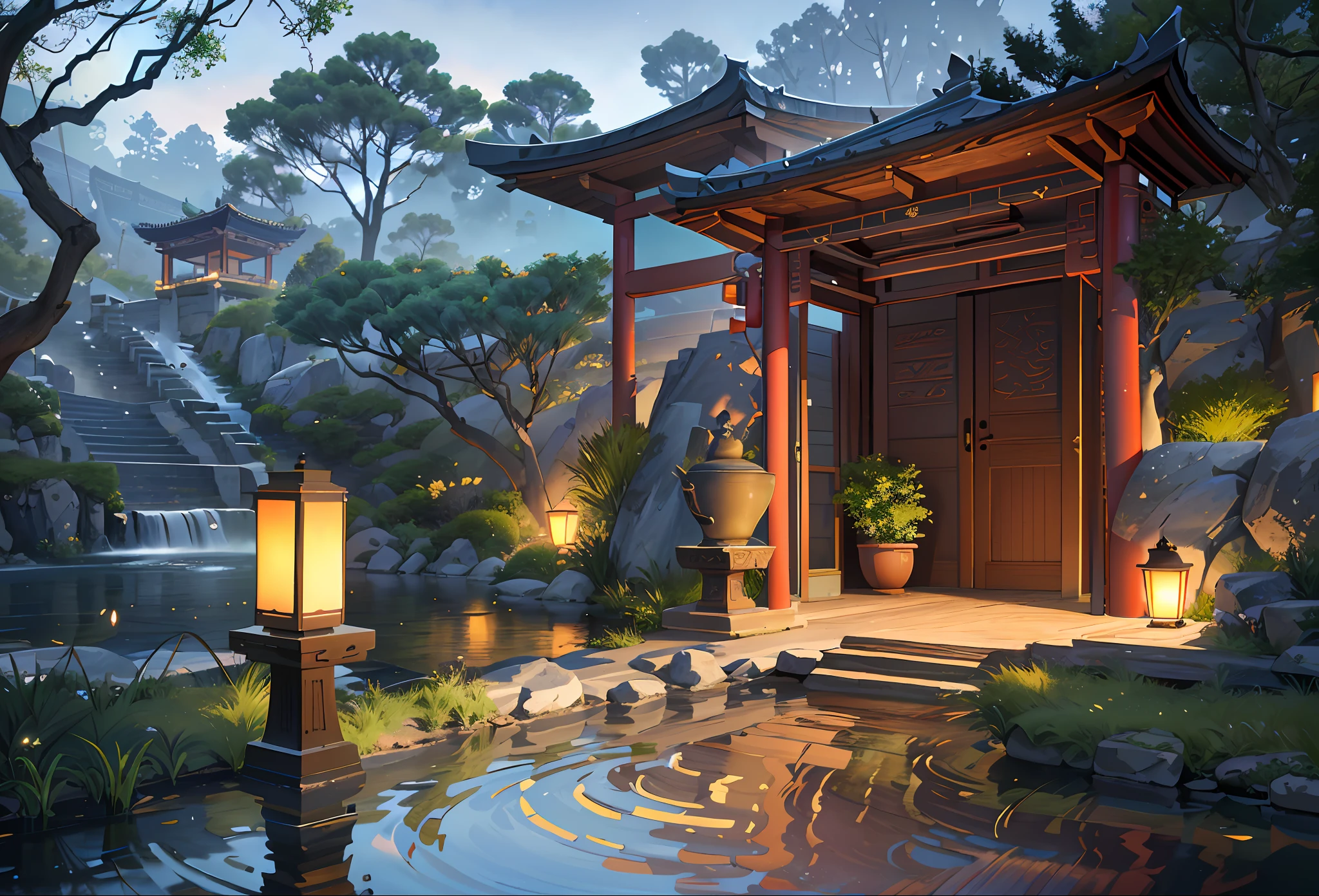 Ancient Chinese architecture, moon, midnight, garden, bamboo, lake, stone bridge, rockery, arch, corner, tree, running water, landscape, outdoor, waterfall, grass, rock, water lily, hot spring, water vapor, (Illustration: 1.0), Epic composition, realistic lighting, HD details, masterpiece, best quality, (very detailed CG unity 8k wallpaper), (very detailed CG unity 8k wallpaper), (very detailed CG unity 8k wallpaper), (very detailed CG unity 8k wallpaper), (very detailed CG unity 8k wallpaper), (very detailed CG unity 8k wallpaper), (very detailed CG unity 8k wallpaper), (very detailed CG unity 8k wallpaper), (very detailed CG unity 8k wallpaper), wallpaper (best quality) --v 6