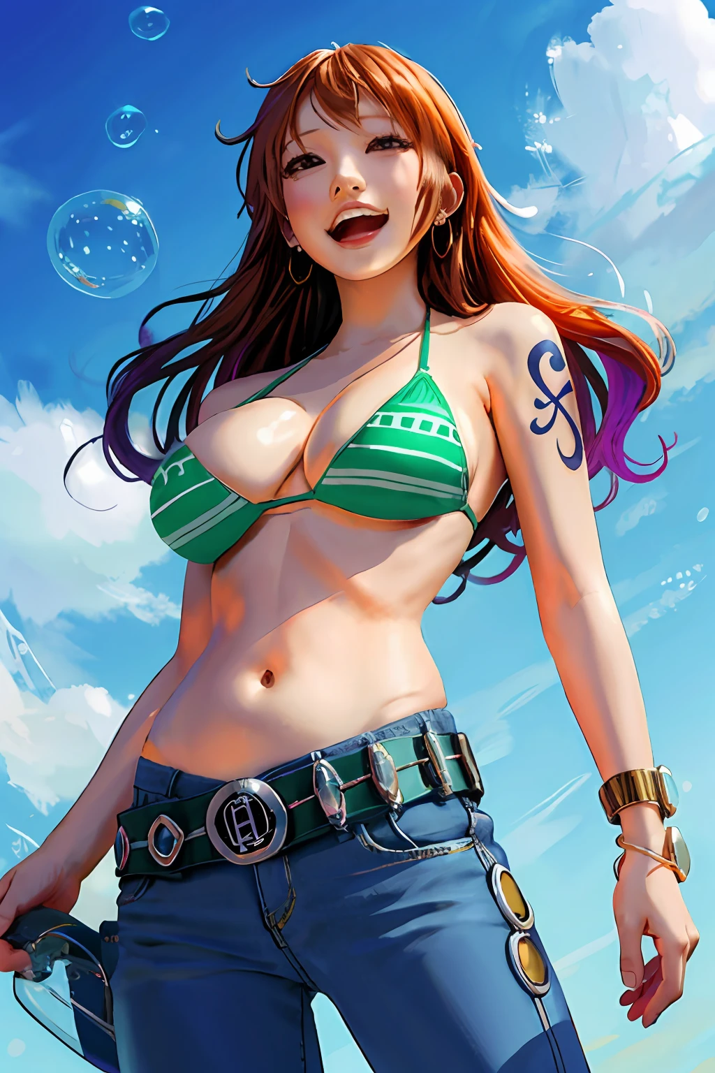 detailed background, masterpiece, best quality, 1girl, solo, nami \(one piece\), 1girl, bangle, bangs, bare shoulders, belt, bikini, bikini top only, blue sky, bracelet, breasts, brown eyes, bubble, cleavage, cloud, cowboy shot, day, denim, earrings, floating hair, green belt, green bikini, groin, jeans, jewelry, large breasts, log pose, long hair, looking at viewer, navel, orange hair, pants, shoulder tattoo, sidelocks, sky, smile, solo, standing, stomach, swimsuit, tattoo , looking at viewer, (ahegao:1.5)