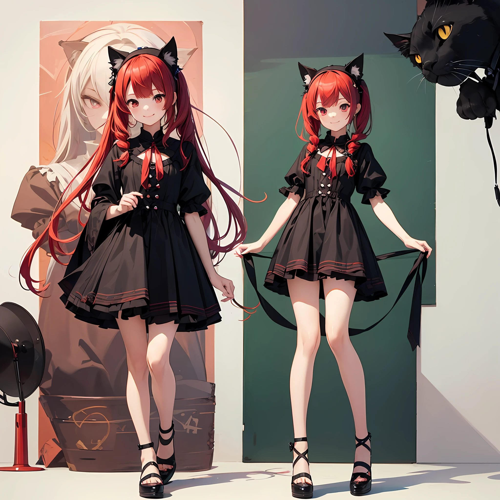 Anime filling,Two-dimensional illustration,Red hair,Half Twin Tail,shorth hair,Big eyes,A smile,a beauty girl,cute little,Super Cute,Black cat ears,Red Eyes,Ruffled Clothes,Black lace clothes,Inner colorGreen,One girl,Full body painting,A masterpiece of 2D art,(masterpiece,Top image quality:1.3),(detaile:1.2),(1人) --auto