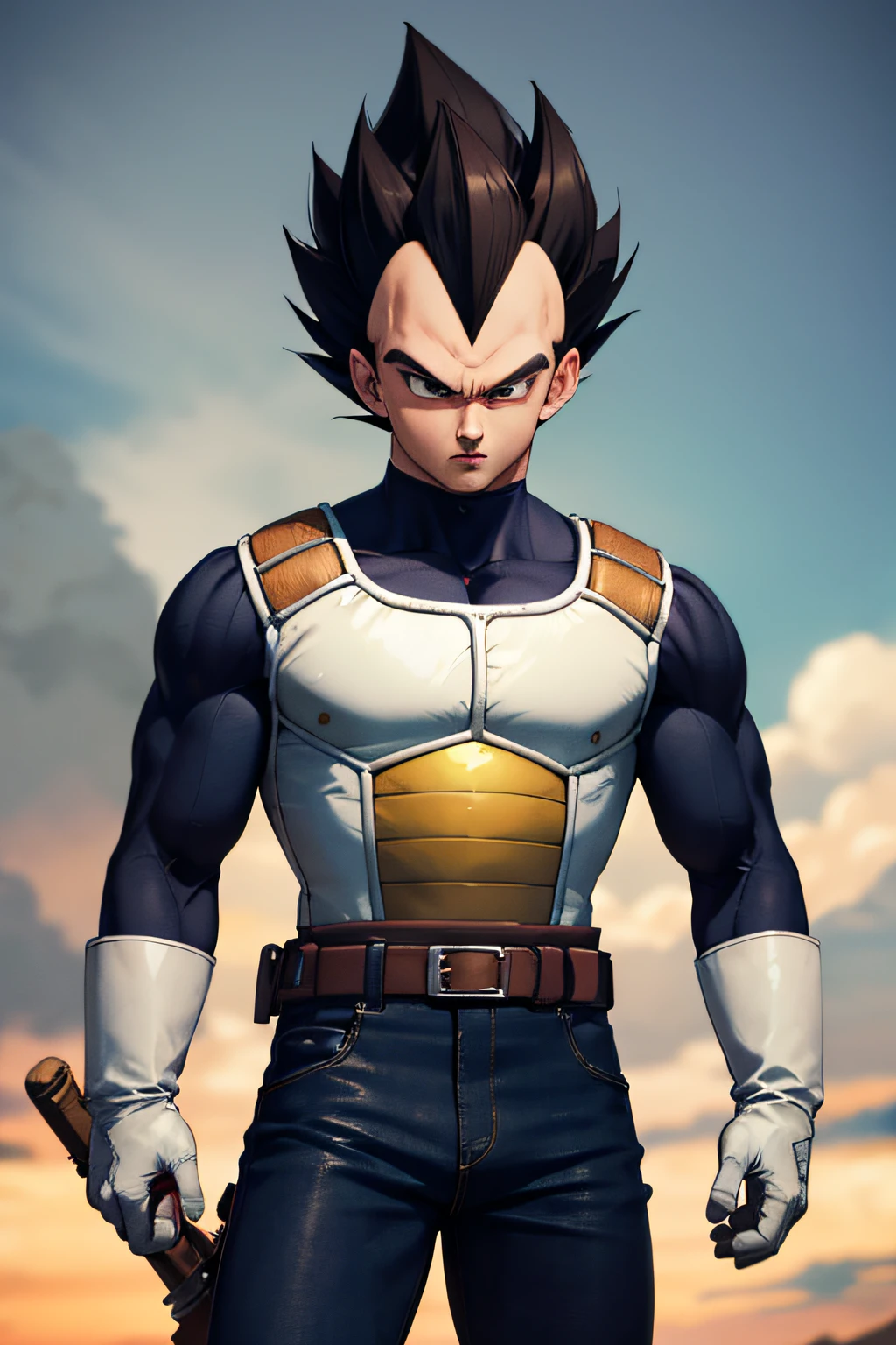 (masterpiece, best quality:1.2), cowboy shot, solo, male focus, 1boy, vegeta, serious, looking at viewer, black spiked hair, black eyes, armor, white gloves