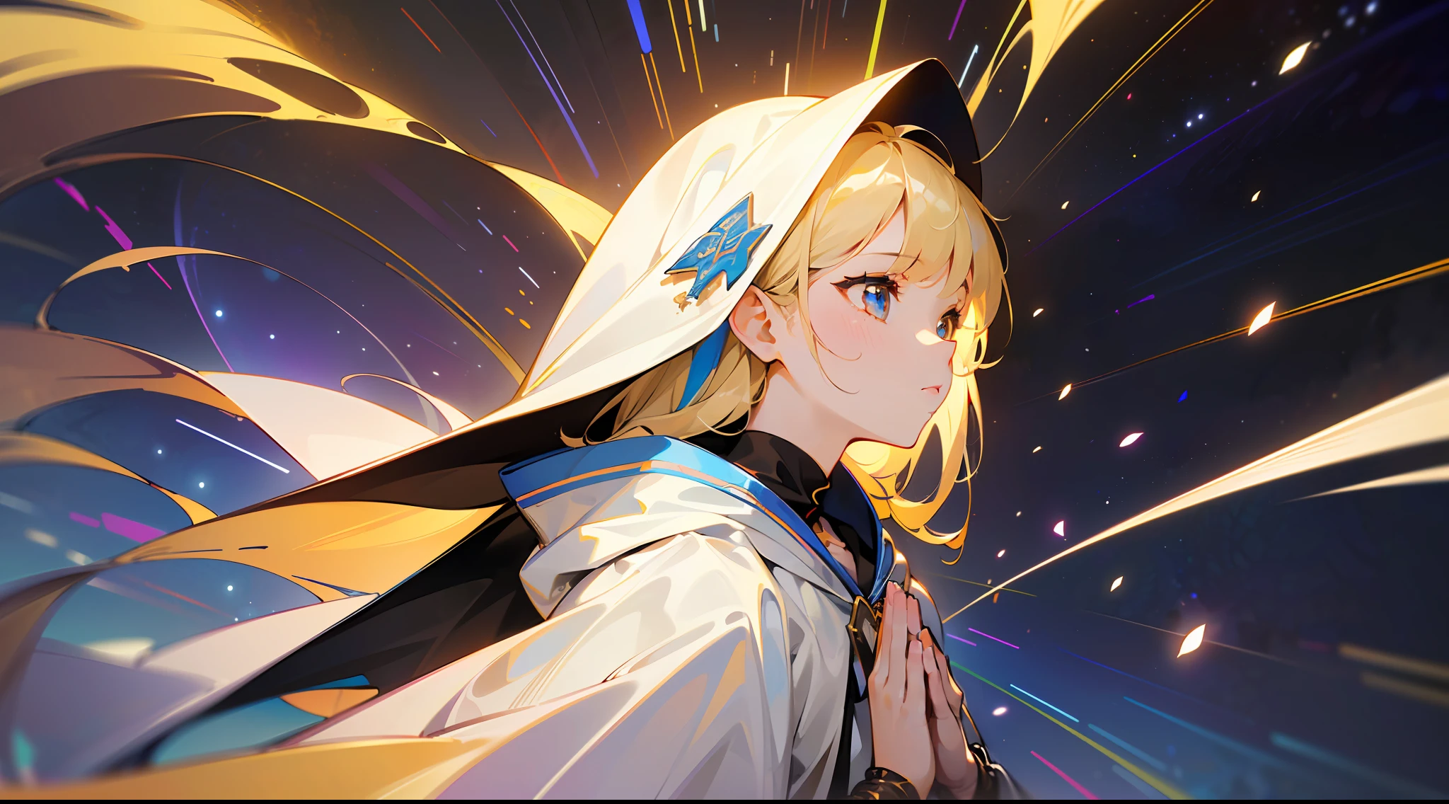 (masterpiece, top quality, best quality, official art, beautiful and aesthetic:1.2), (1girl), extreme detailed, (fractal art:1.3), colorful, highest detailed, perfect face, upper body, HDR, (praying:1.3), (white cloak golden lines:1.2), galaxy, (light streaks), striking visuals, (dynamic streaks, luminous trails:1.2), vibrant colors,